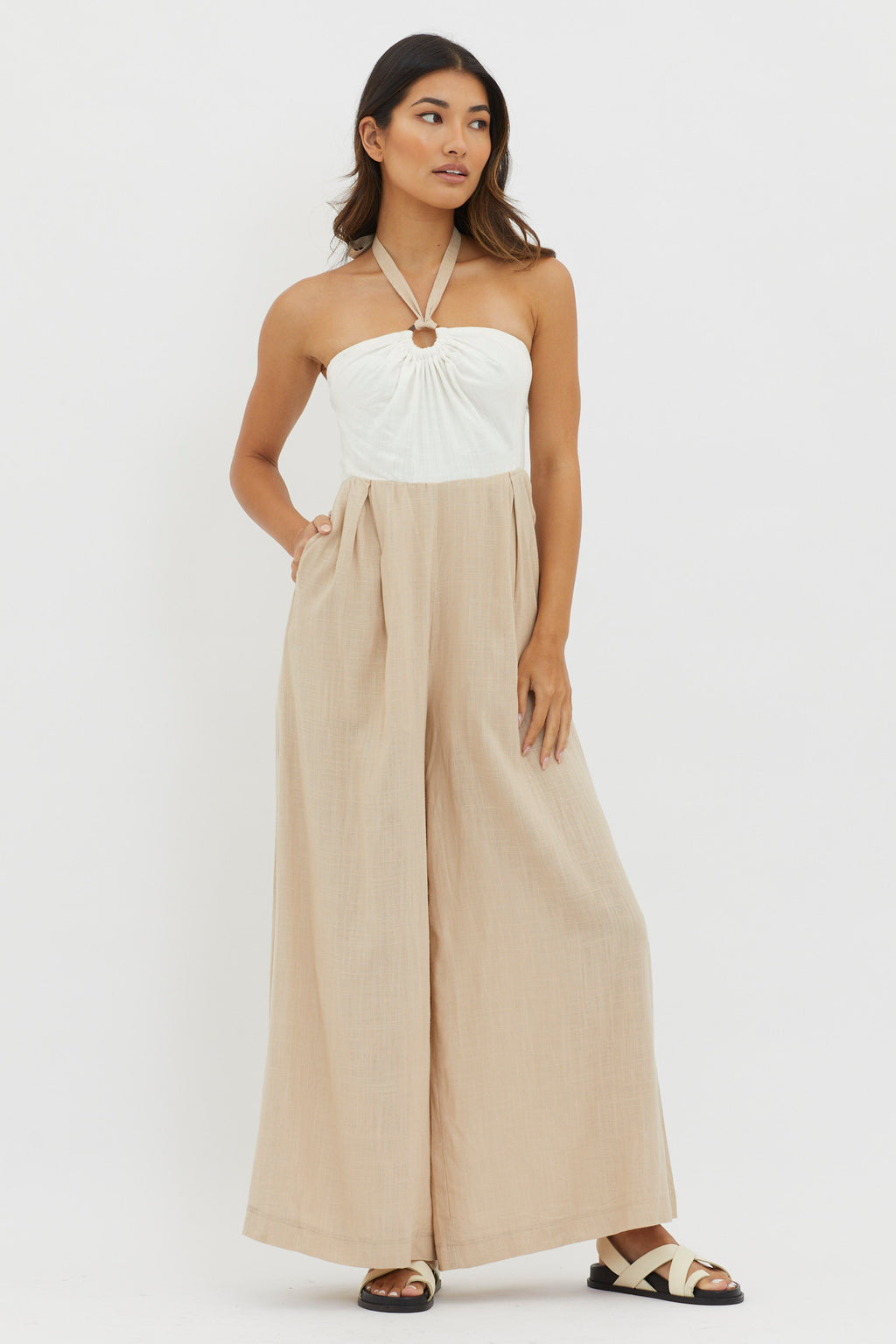 Maryn Wide Leg Halterneck Jumpsuit Beige by Selfie Leslie