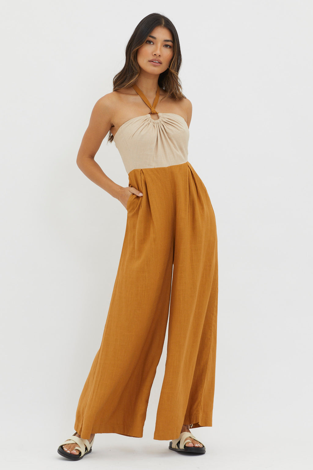 Maryn Wide Leg Halterneck Jumpsuit Mocha by Selfie Leslie