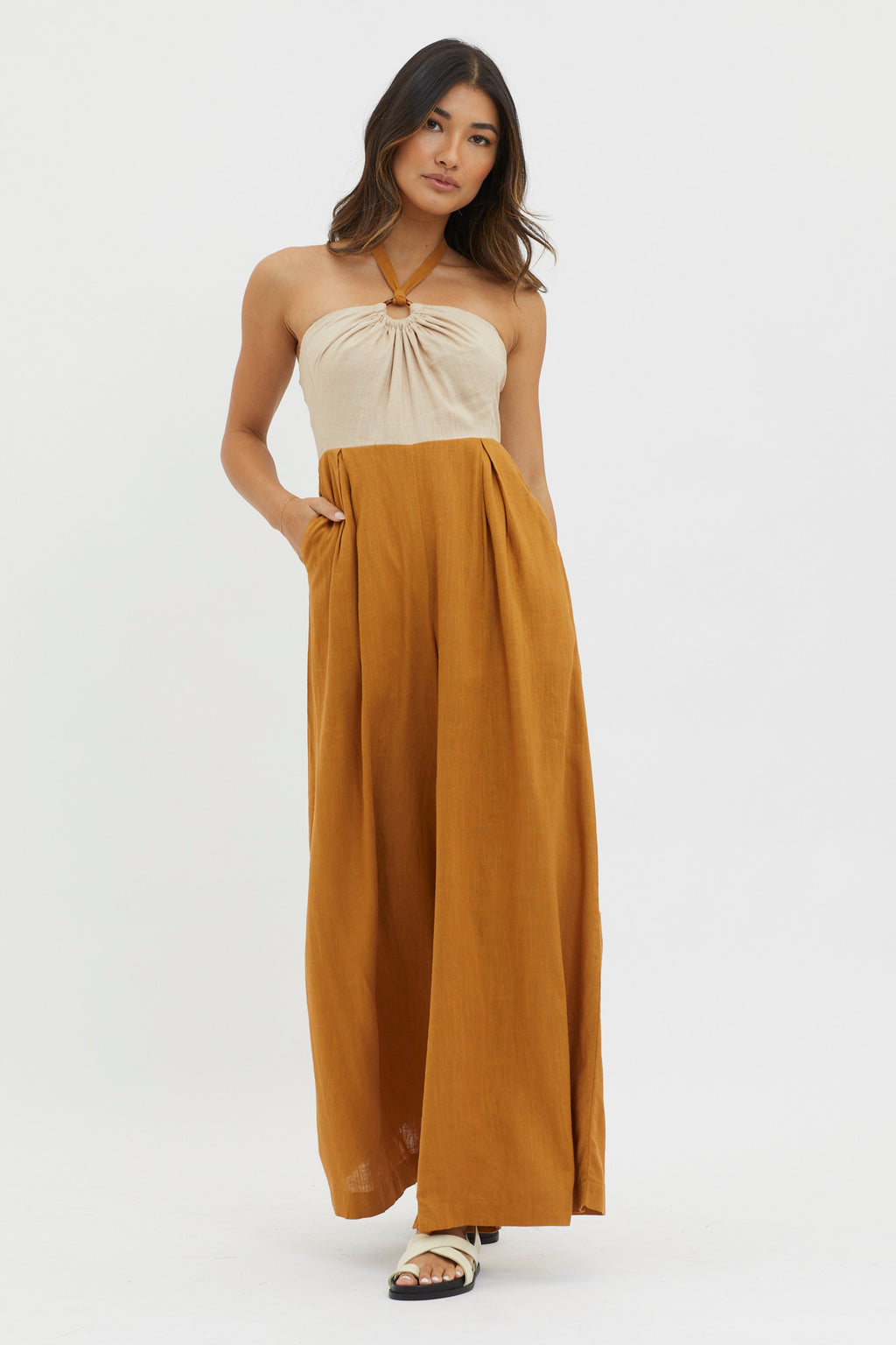 Maryn Wide Leg Halterneck Jumpsuit Mocha by Selfie Leslie