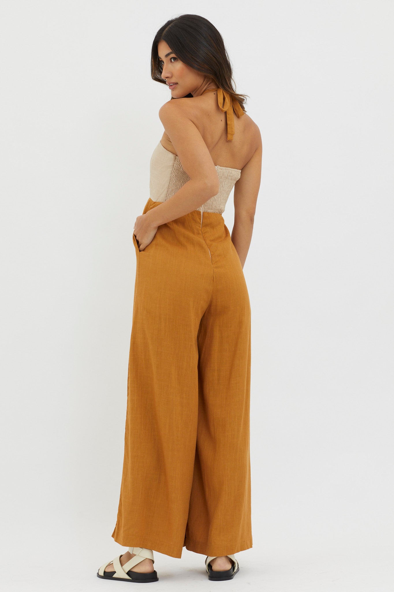 Maryn Wide Leg Halterneck Jumpsuit Mocha by Selfie Leslie