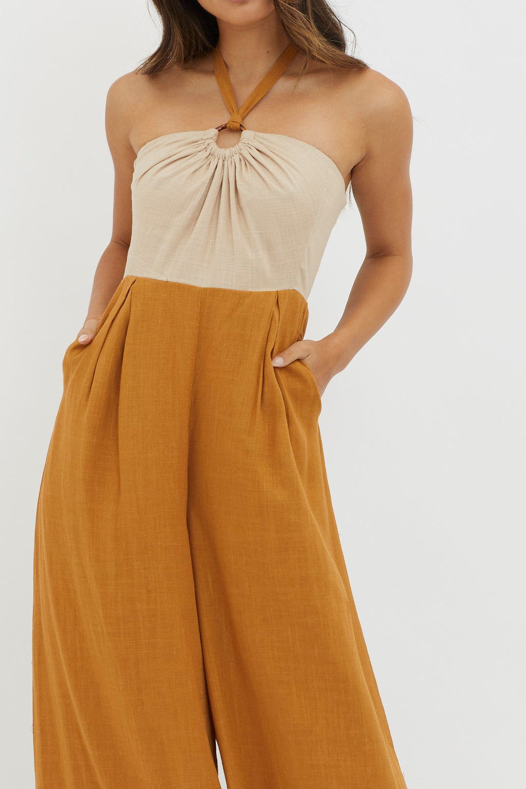 Maryn Wide Leg Halterneck Jumpsuit Mocha by Selfie Leslie