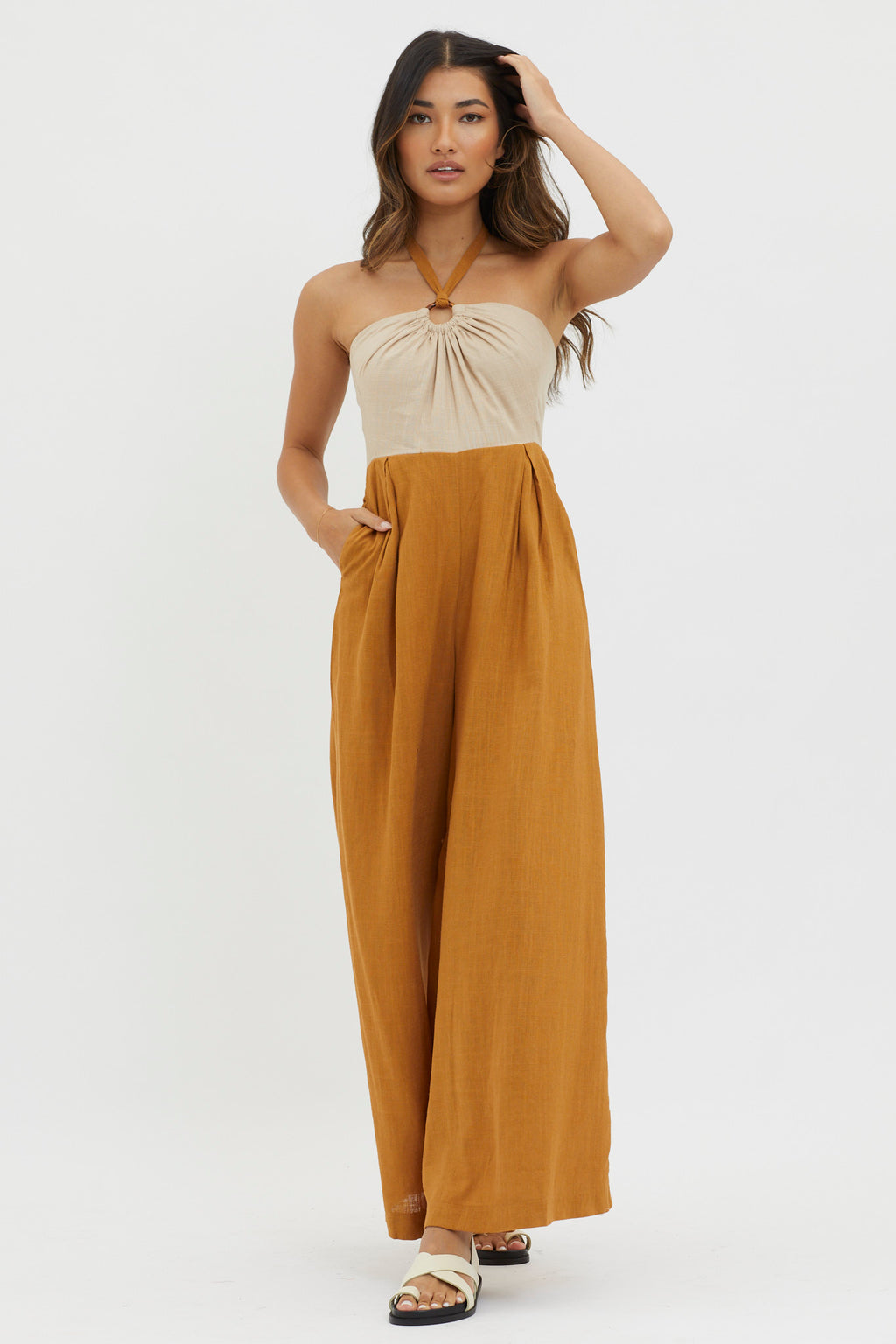 Maryn Wide Leg Halterneck Jumpsuit Mocha by Selfie Leslie