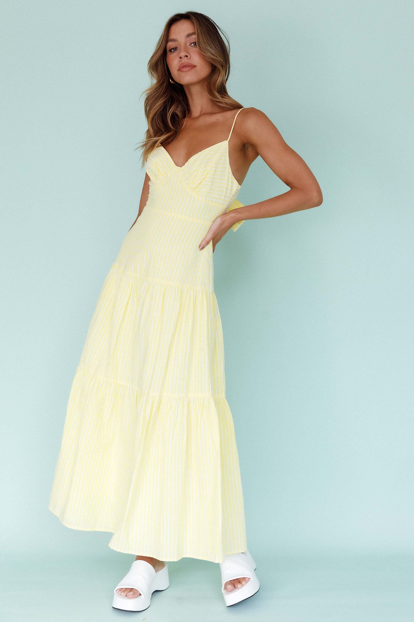 Royce Bow Back Midi Dress Striped Yellow by Selfie Leslie