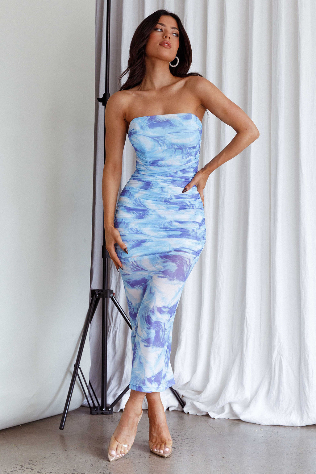 Logan Strapless Ruched Midi Dress Blue by Selfie Leslie