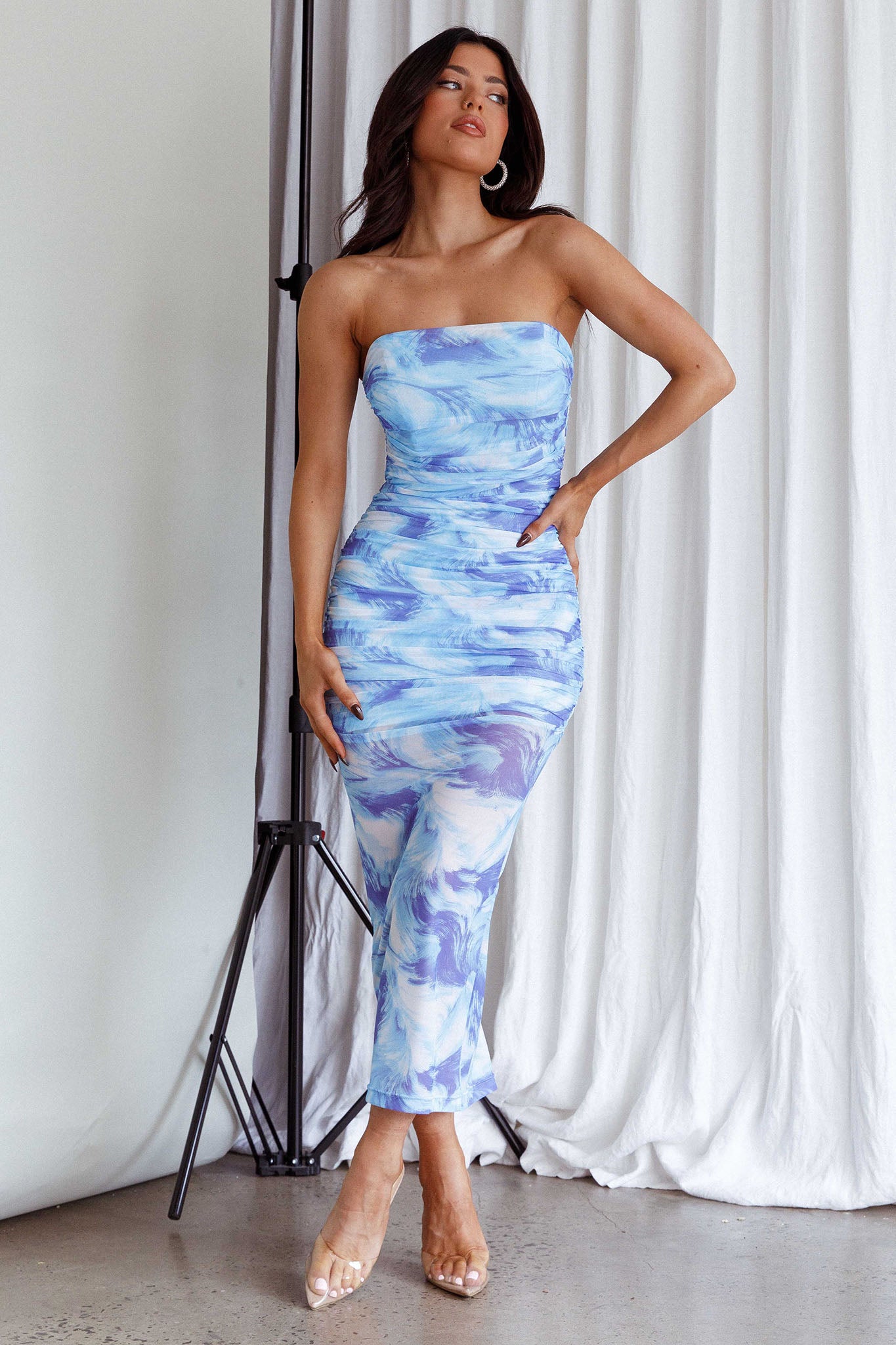 Logan Strapless Ruched Midi Dress Blue by Selfie Leslie
