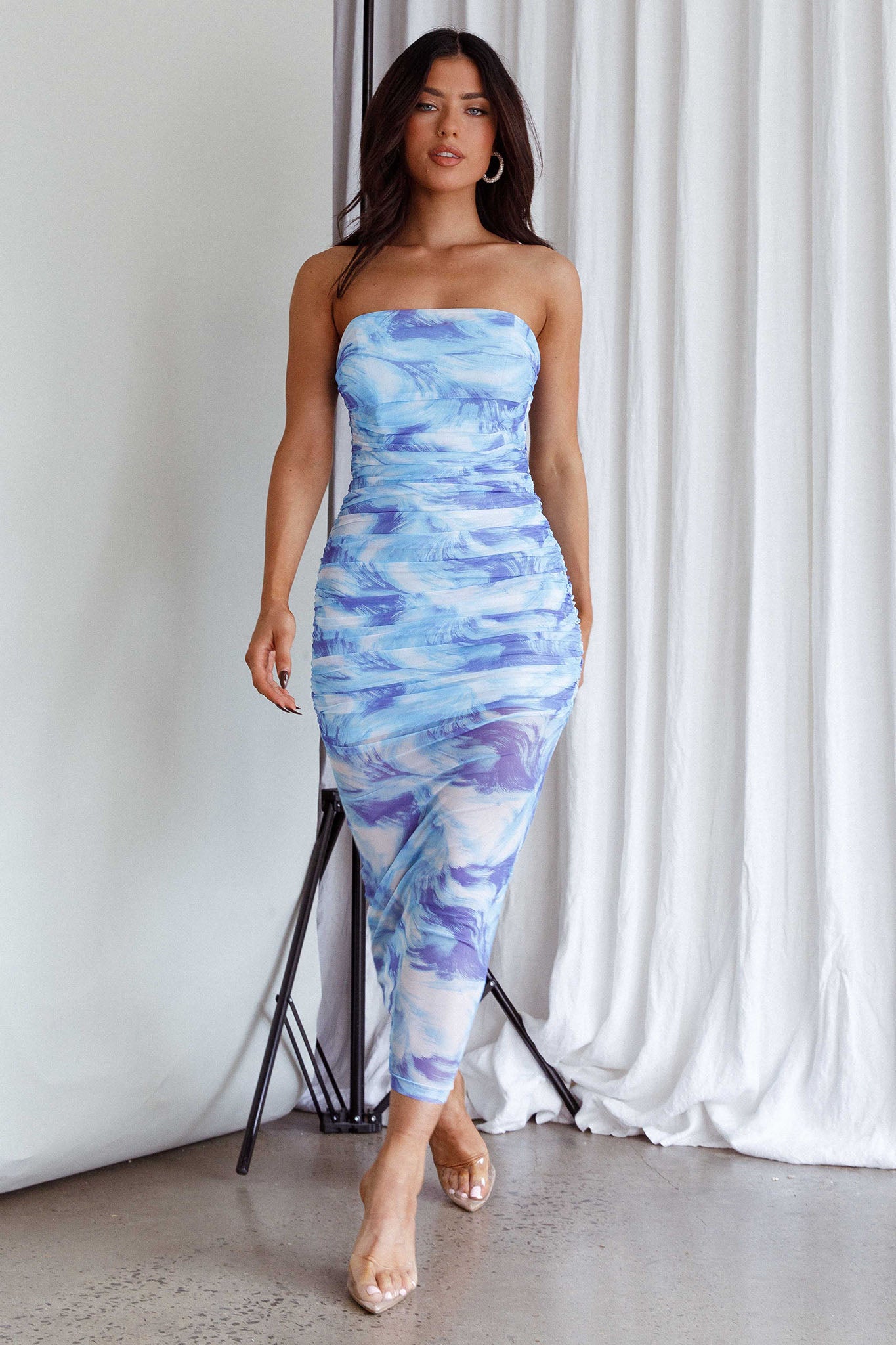 Logan Strapless Ruched Midi Dress Blue by Selfie Leslie