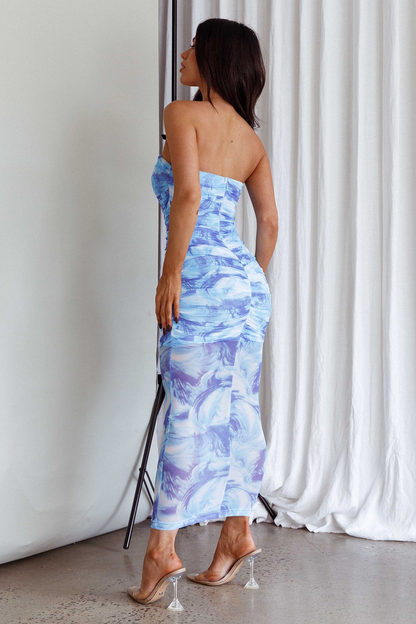 Logan Strapless Ruched Midi Dress Blue by Selfie Leslie