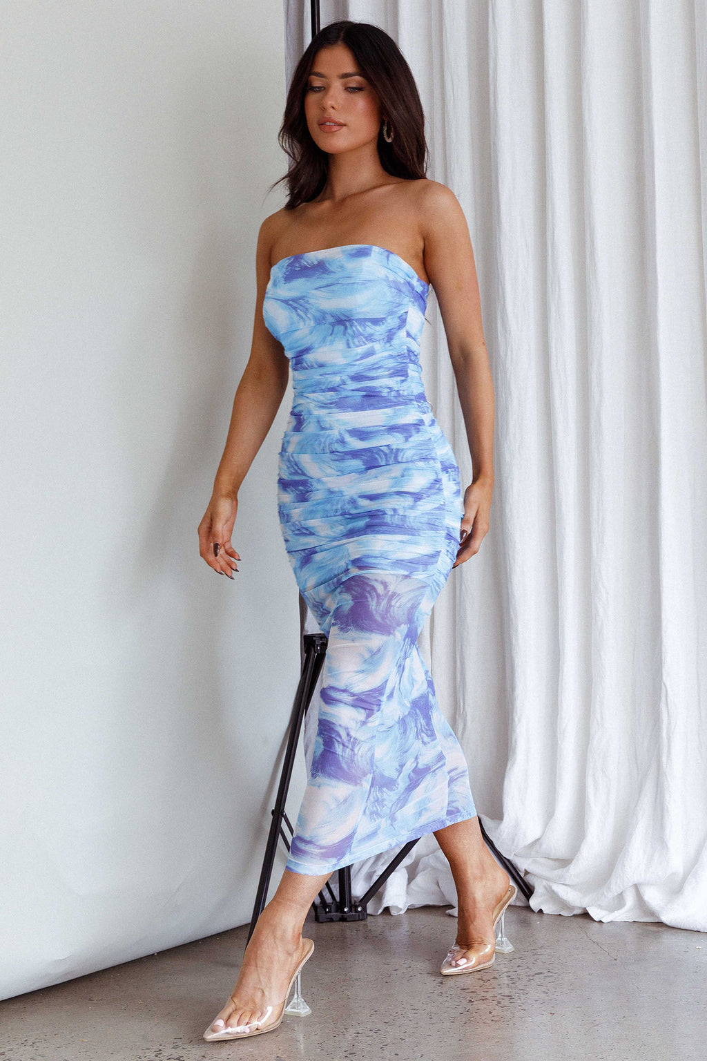 Logan Strapless Ruched Midi Dress Blue by Selfie Leslie