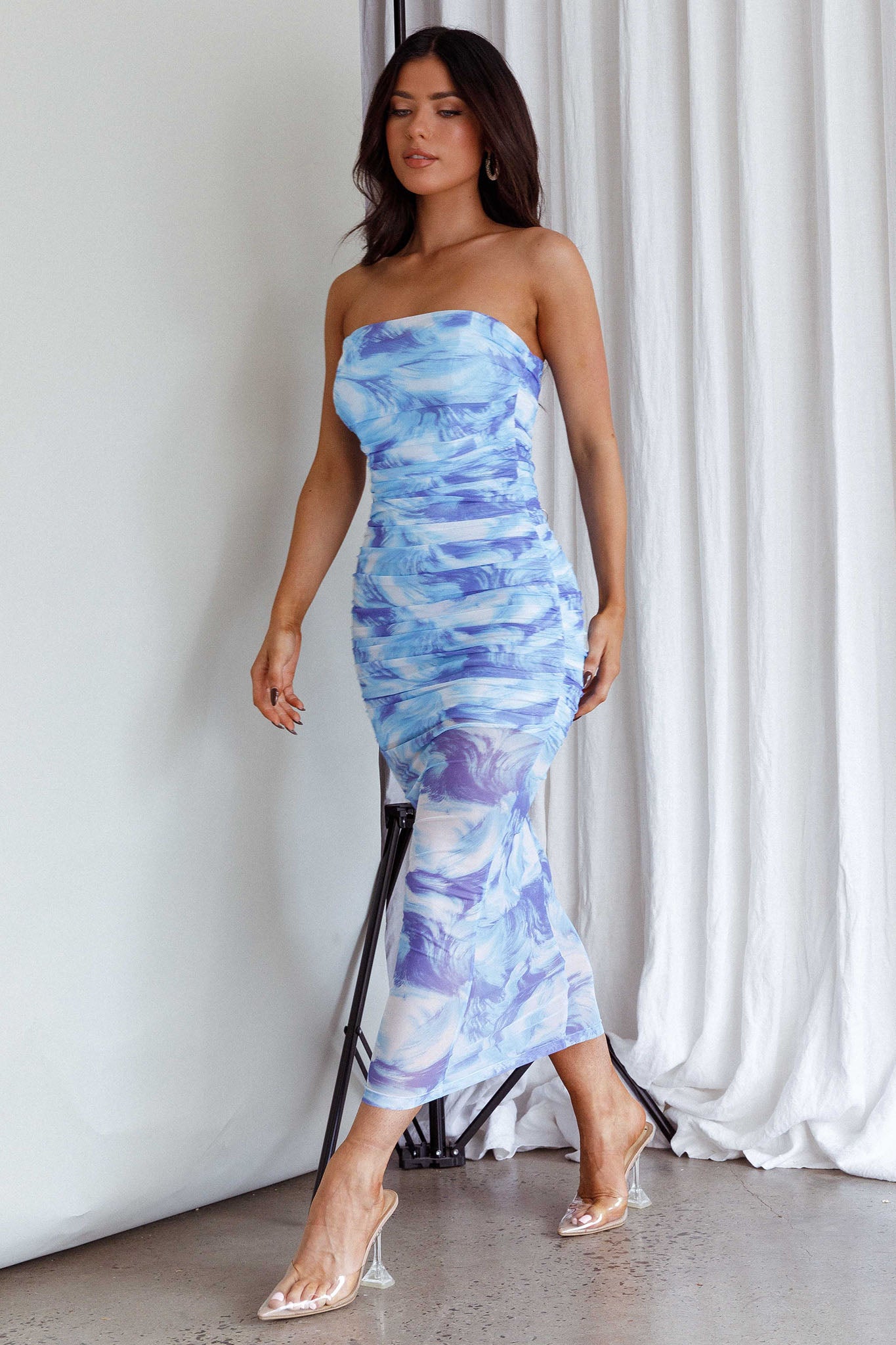 Logan Strapless Ruched Midi Dress Blue by Selfie Leslie