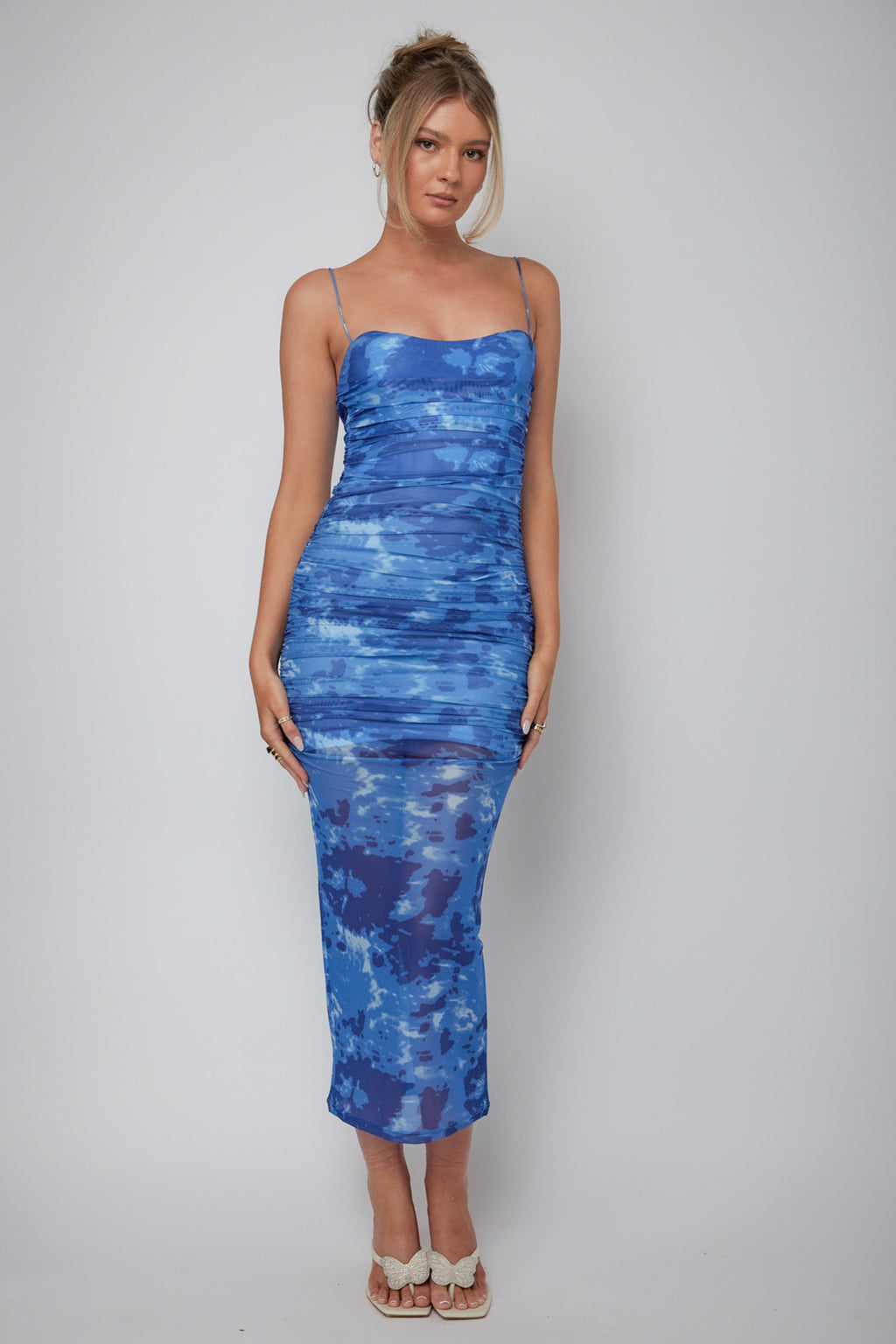 Logan Strapless Ruched Midi Dress Mottled Blue by Selfie Leslie