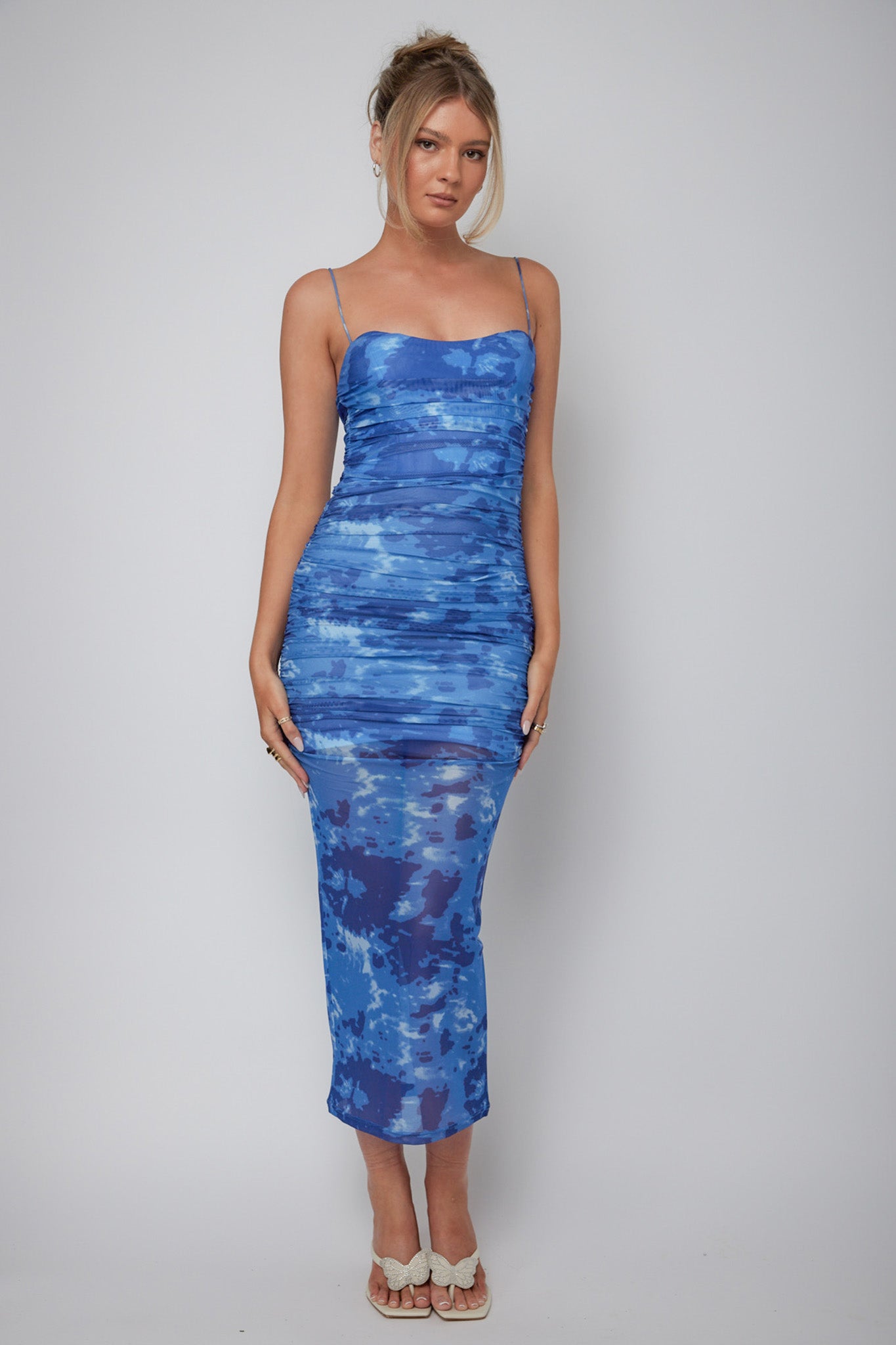 Logan Strapless Ruched Midi Dress Mottled Blue by Selfie Leslie