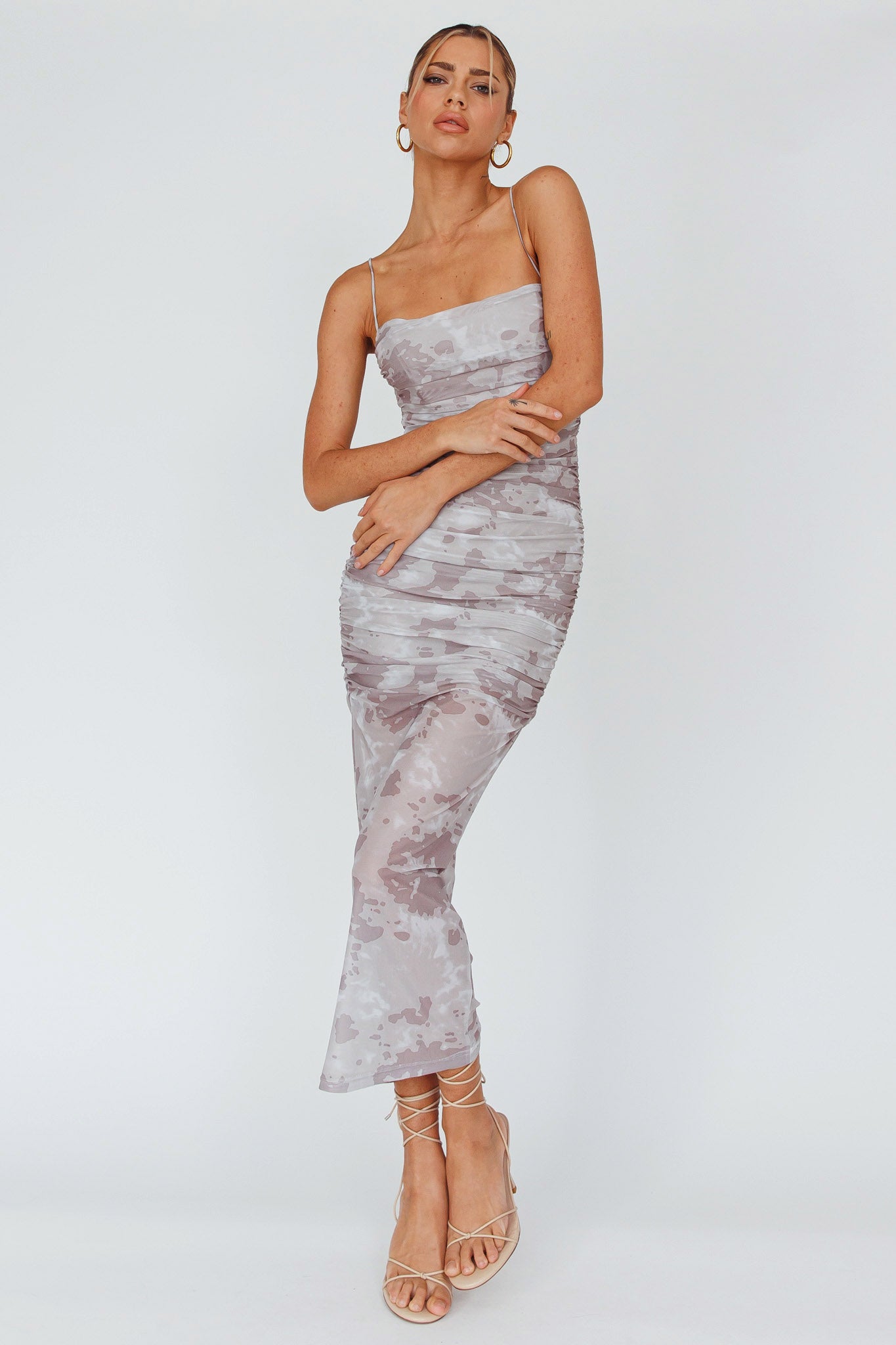 Logan Strapless Ruched Midi Dress Print Sand by Selfie Leslie
