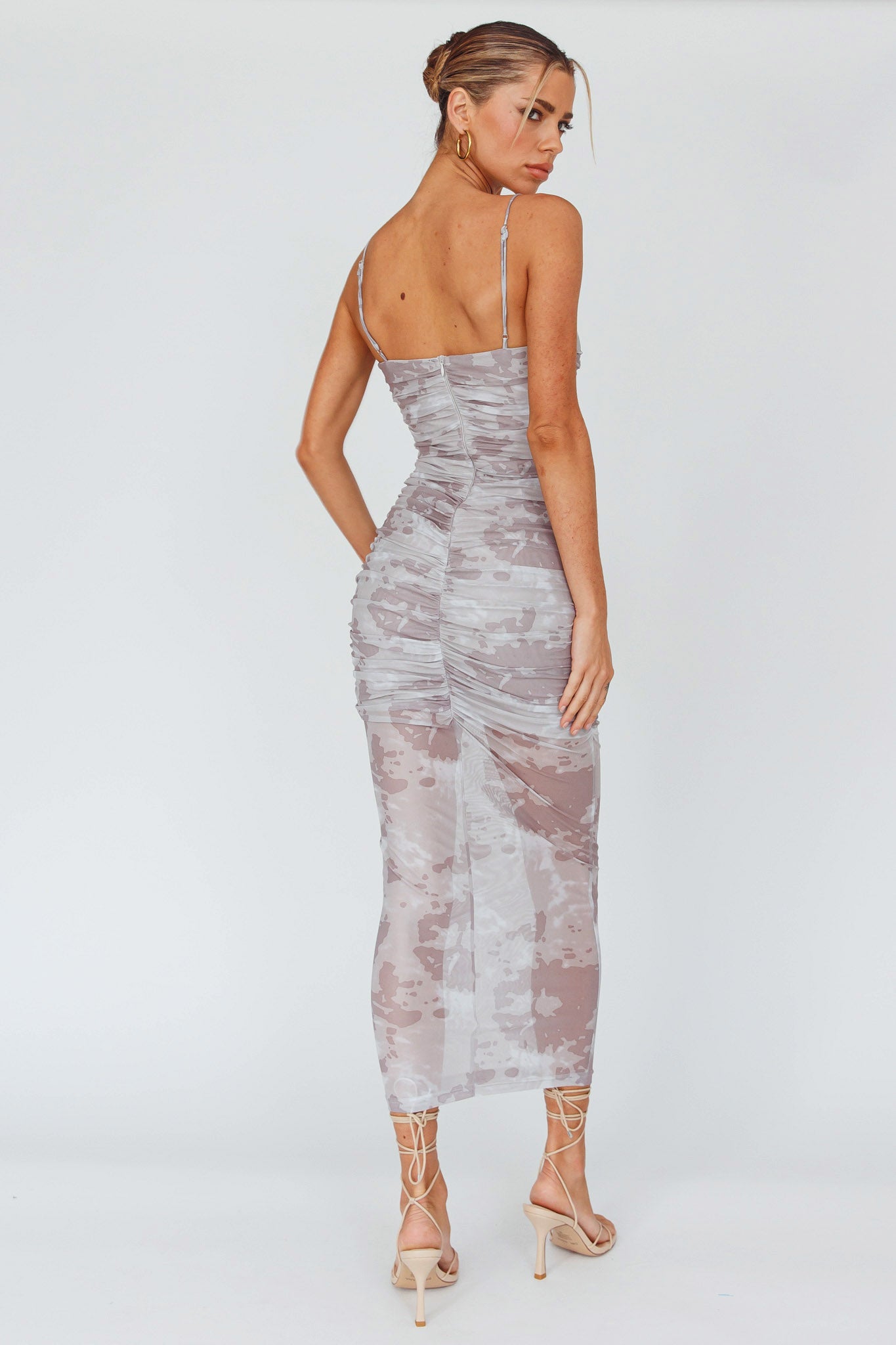 Logan Strapless Ruched Midi Dress Brown main image 1