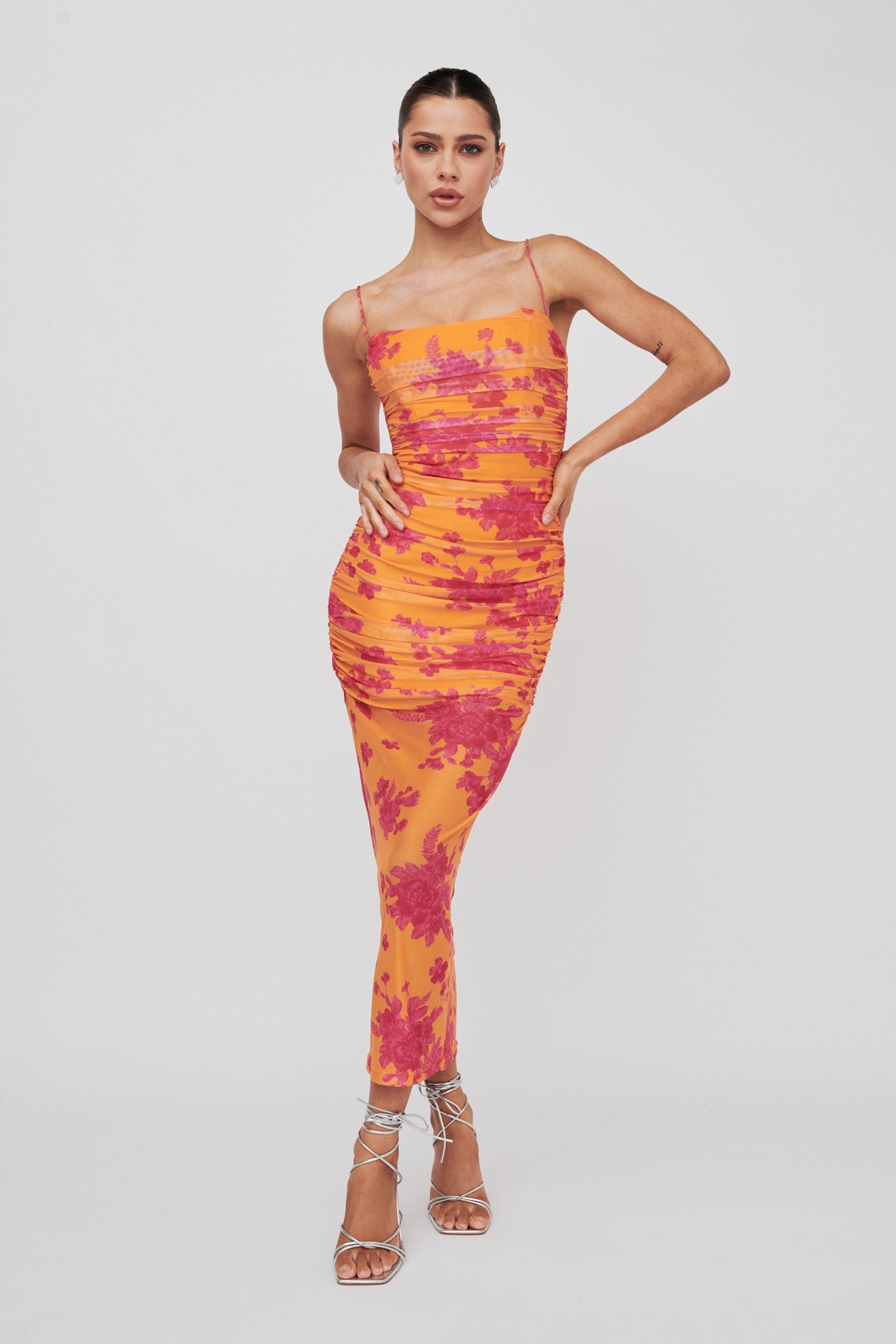 Logan Cami Strap Midi Dress Flower Orange by Selfie Leslie
