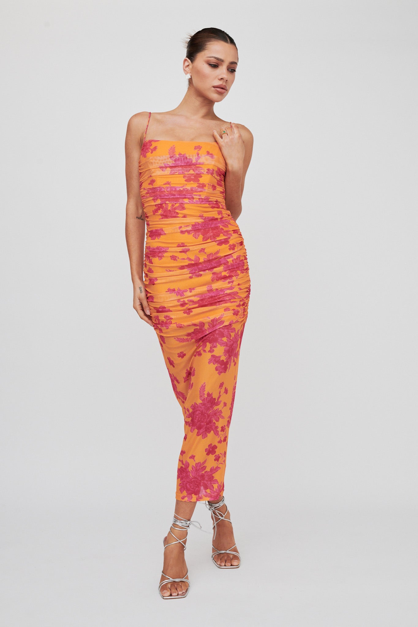 Logan Cami Strap Midi Dress Flower Orange by Selfie Leslie