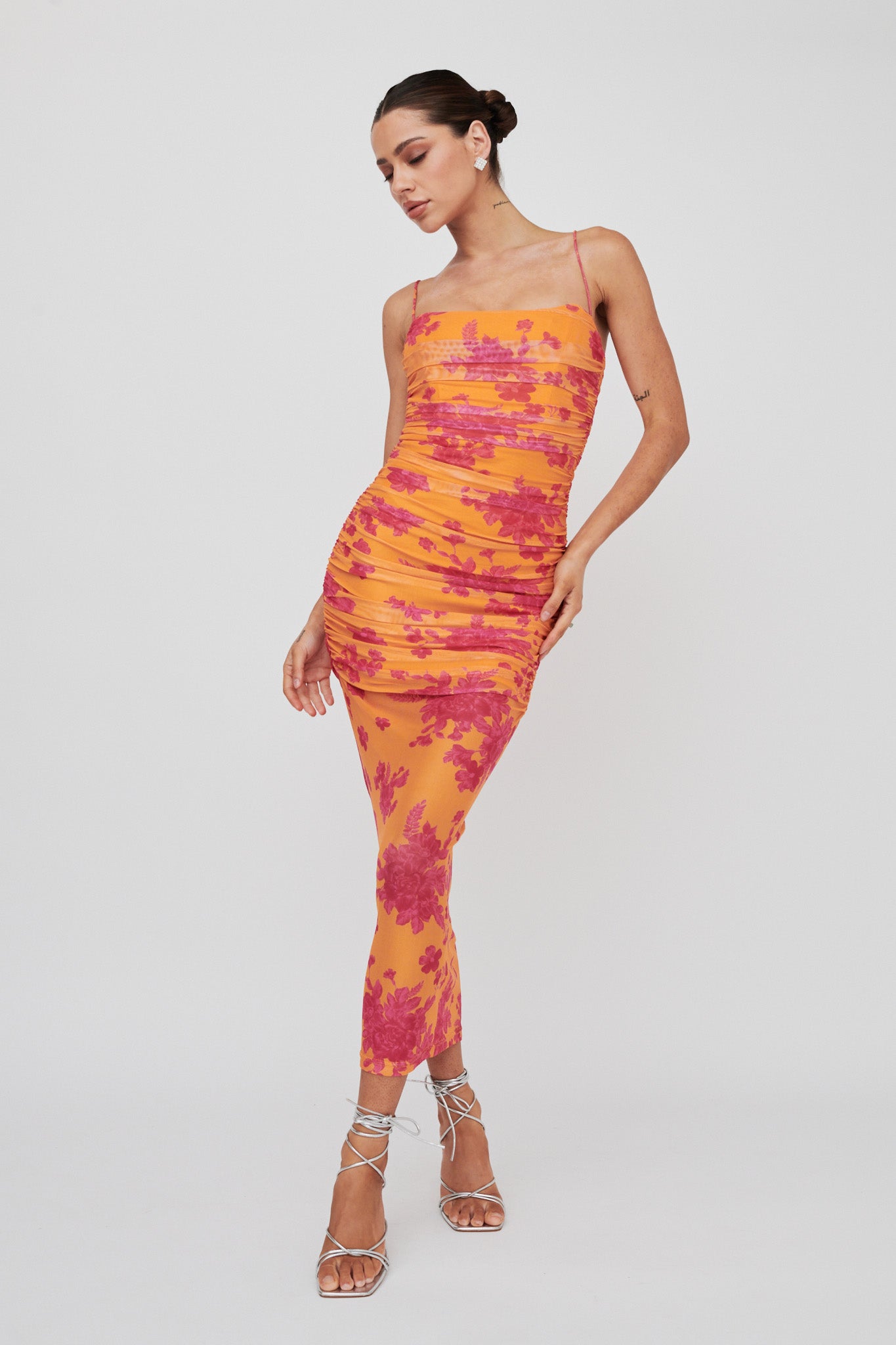 Logan Cami Strap Midi Dress Flower Orange by Selfie Leslie