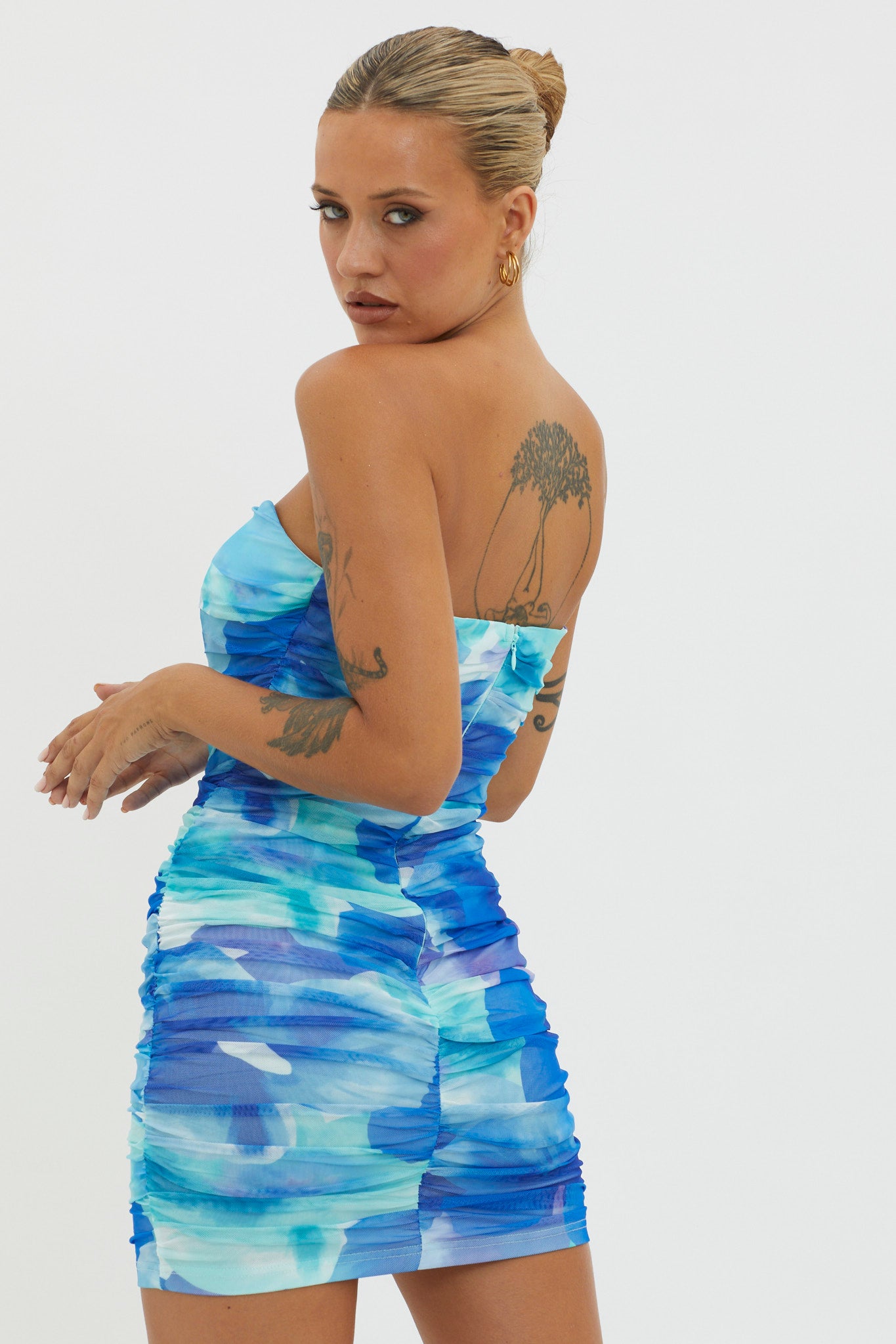 Logan Strapless Ruched Dress Floral Blue by Selfie Leslie