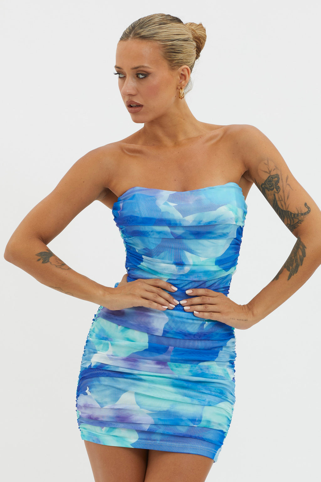 Logan Strapless Ruched Dress Floral Blue by Selfie Leslie