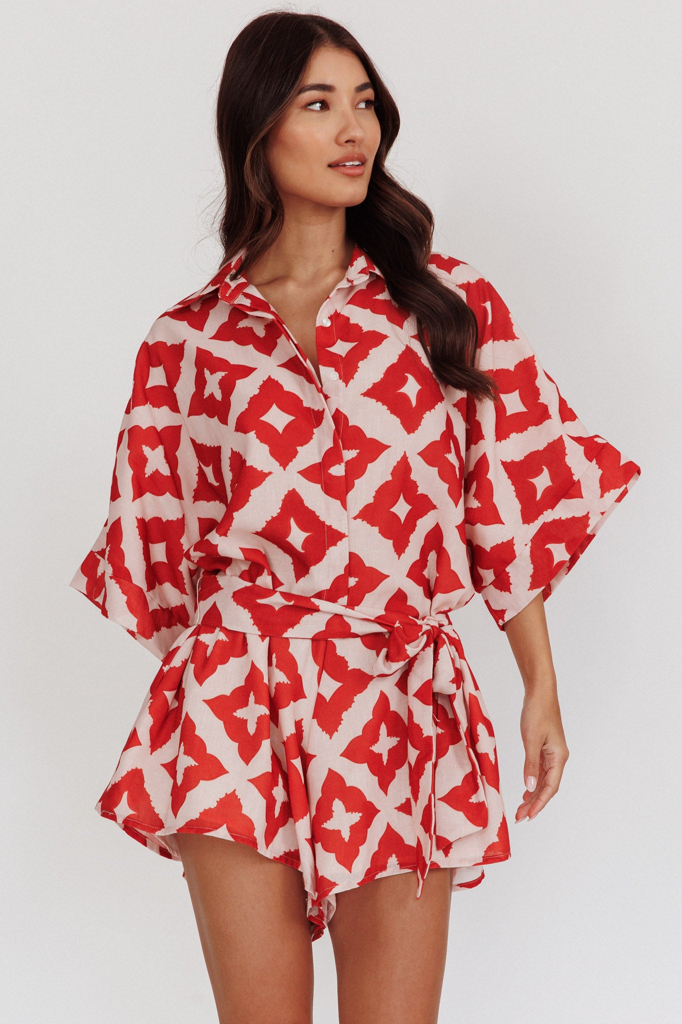 Daytona Beach Button-Up Romper Print Burgundy by Selfie Leslie