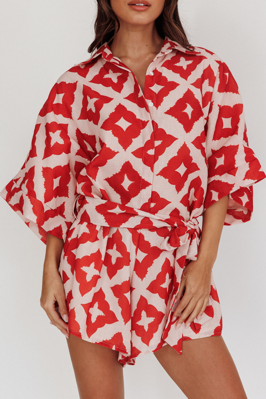 Daytona Beach Button-Up Romper Print Burgundy by Selfie Leslie