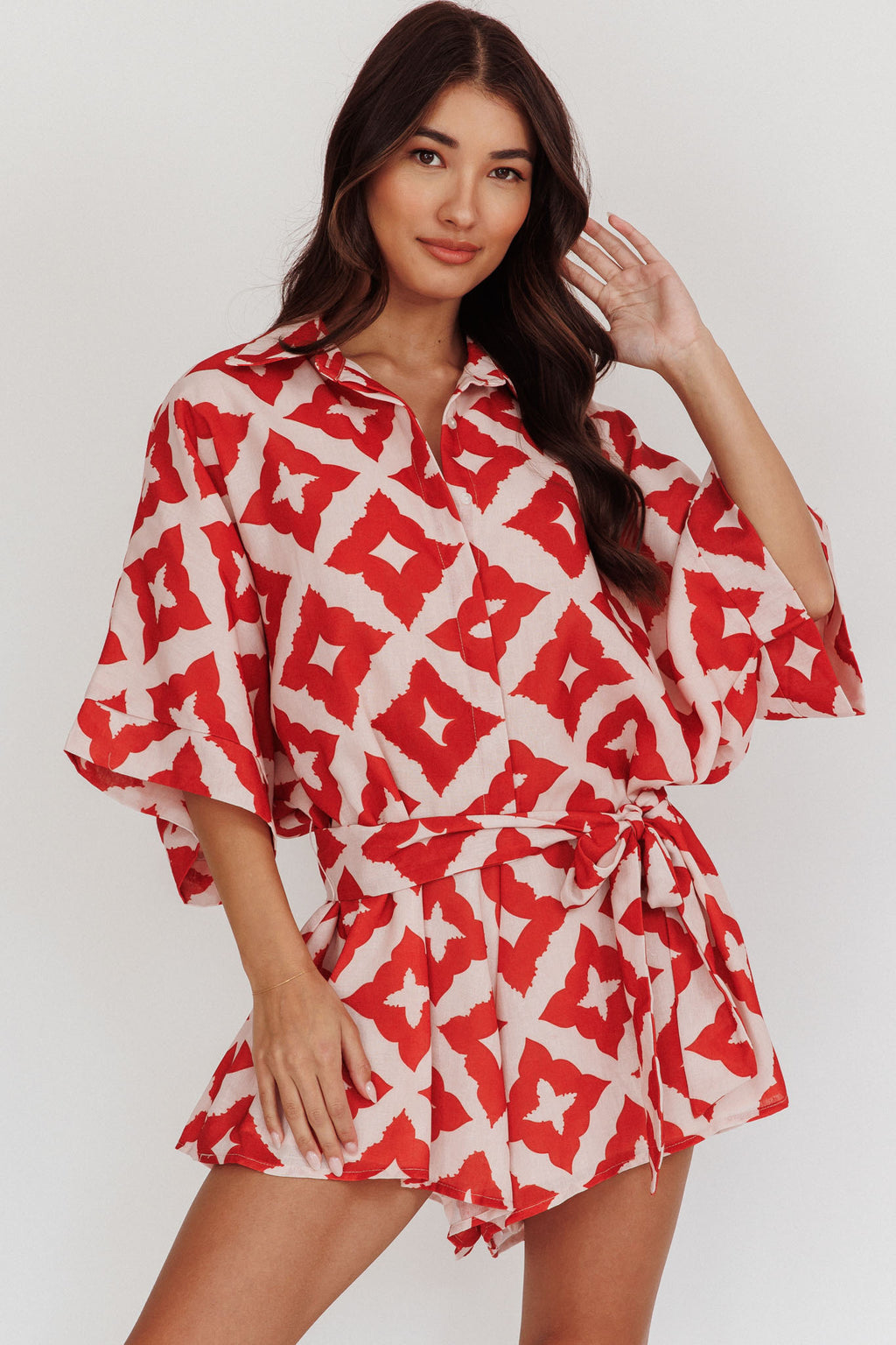 Daytona Beach Button-Up Romper Print Burgundy by Selfie Leslie