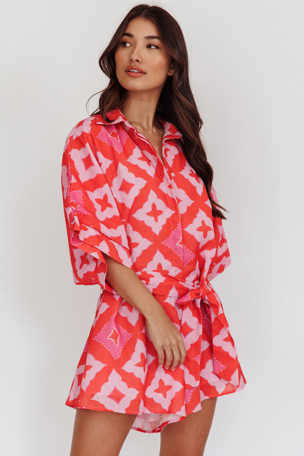 Daytona Beach Button-Up Romper Print Pink by Selfie Leslie