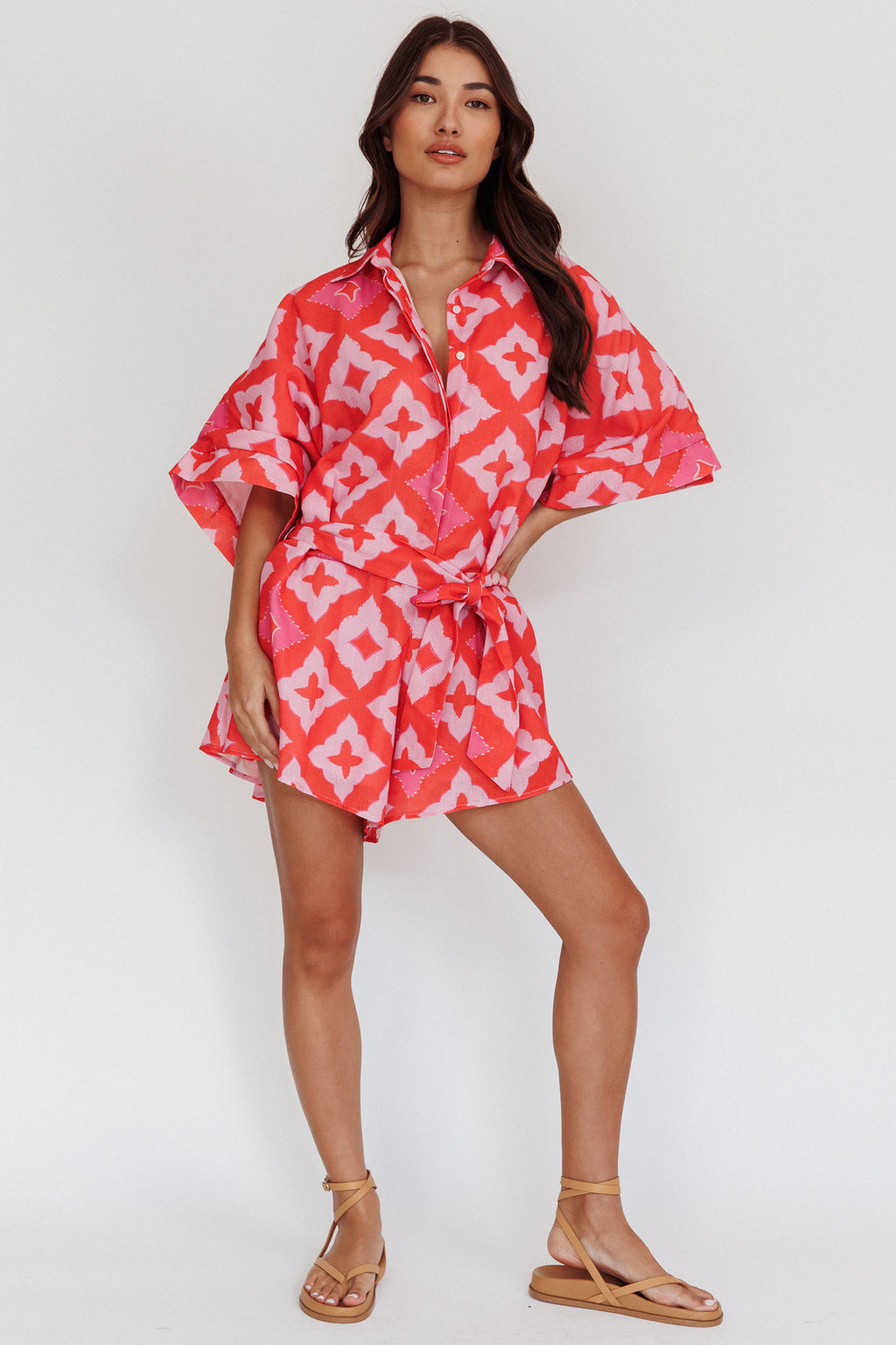 Daytona Beach Button-Up Romper Print Pink by Selfie Leslie