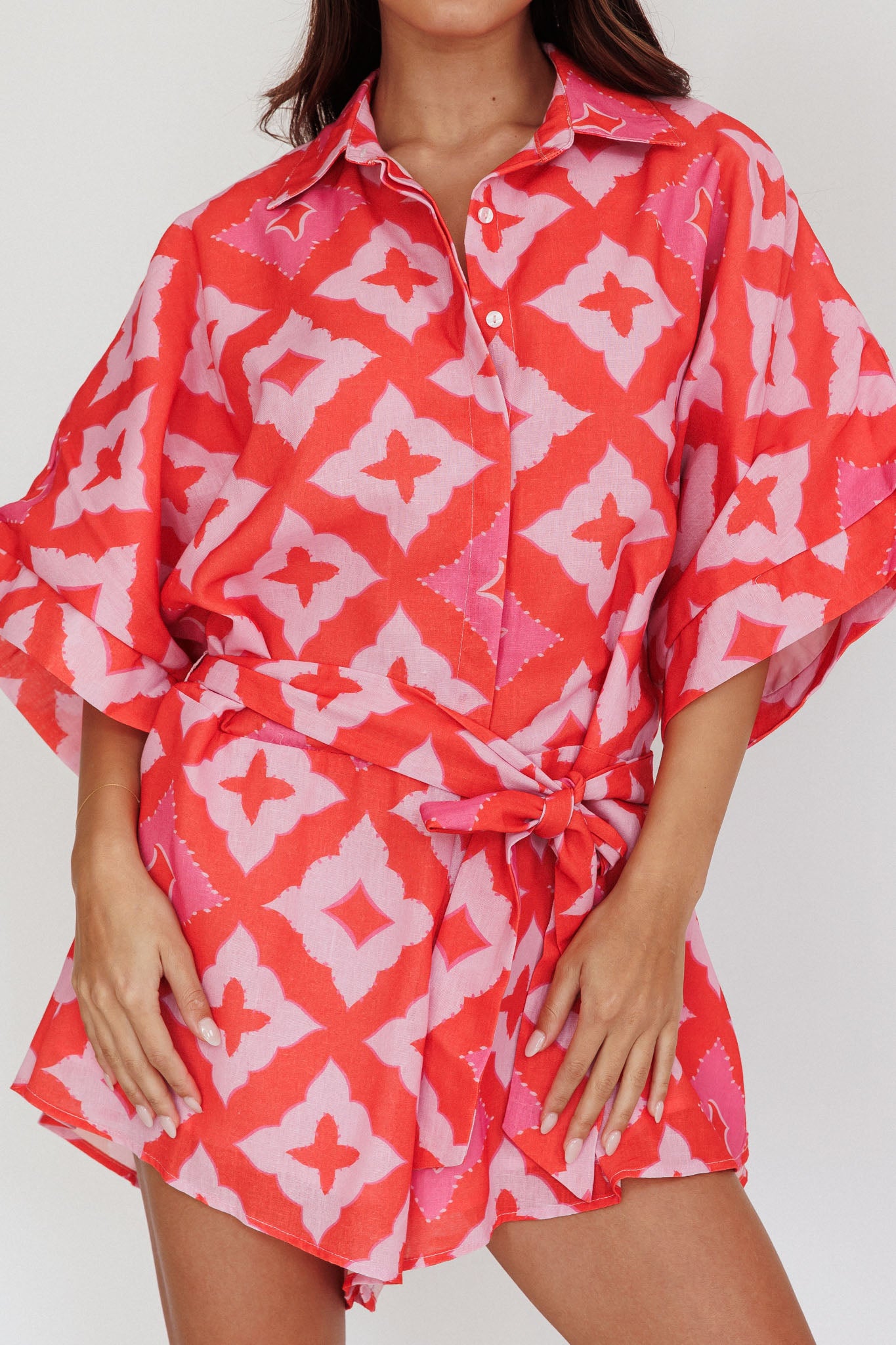 Daytona Beach Button-Up Romper Print Pink by Selfie Leslie