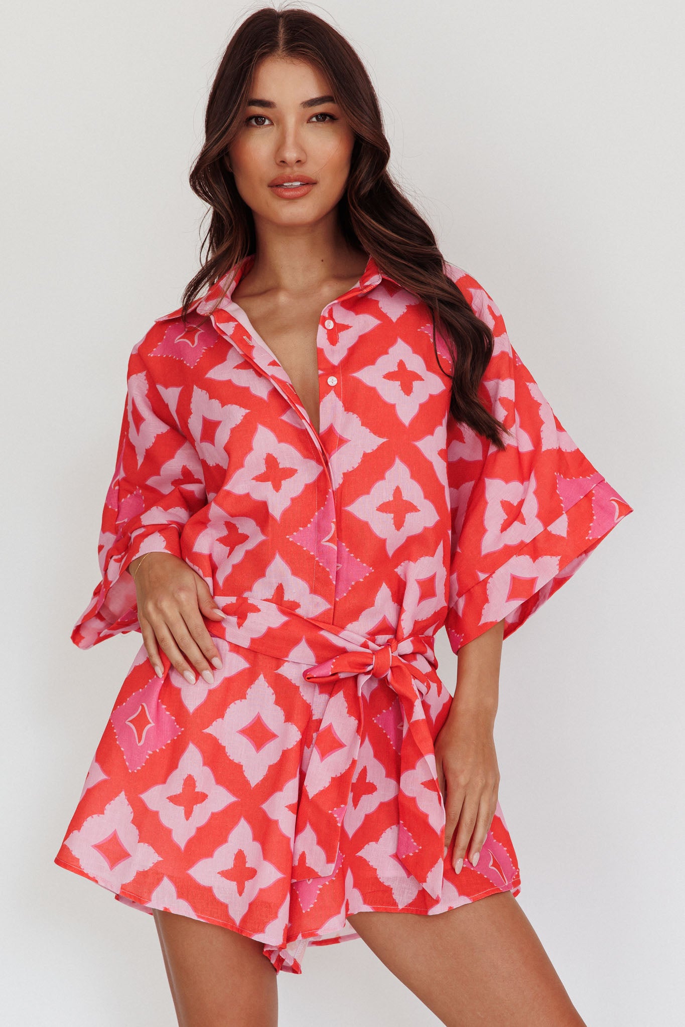 Daytona Beach Button-Up Romper Print Pink by Selfie Leslie