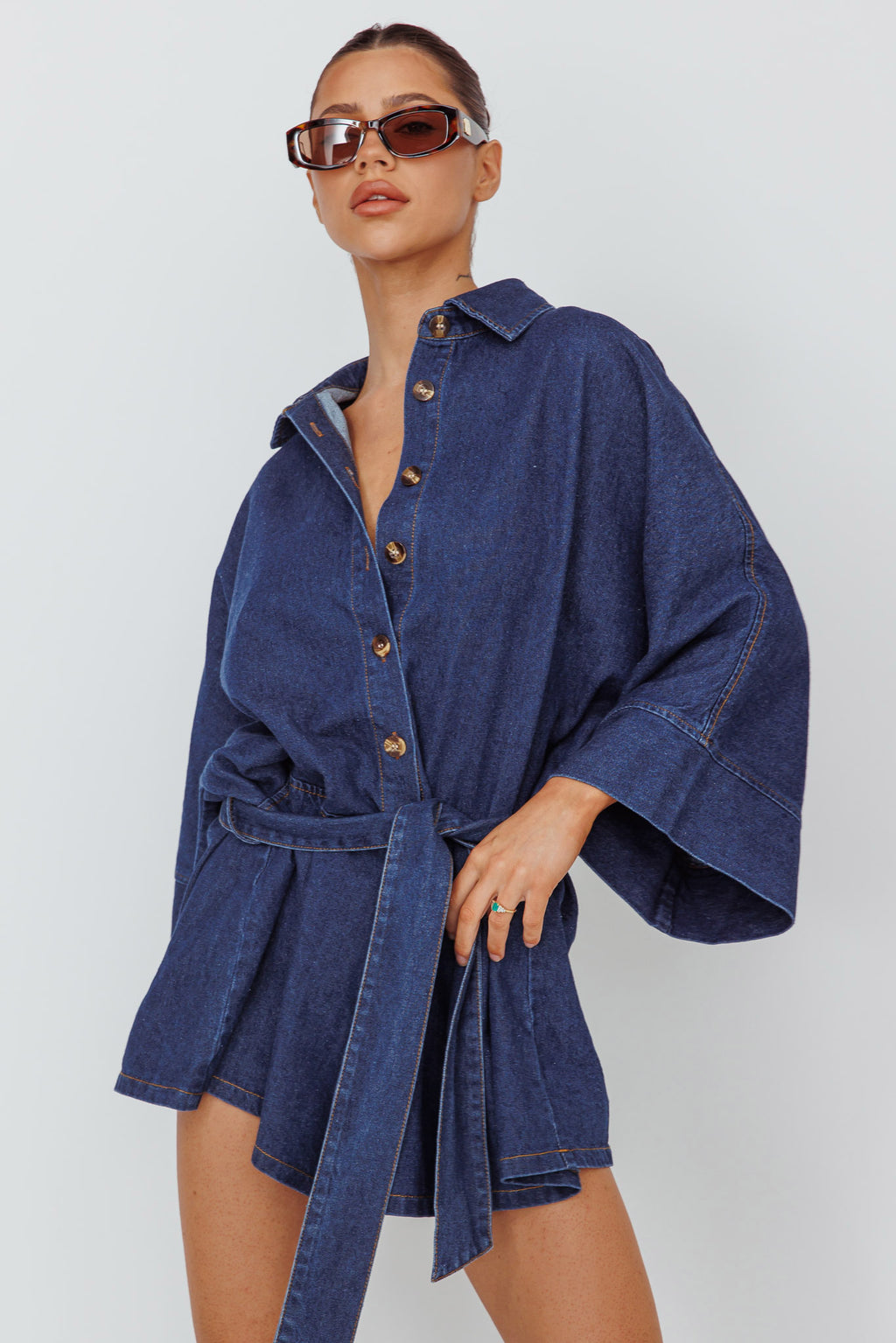 Daytona Beach Long Sleeve Shirt Romper Indigo by Selfie Leslie