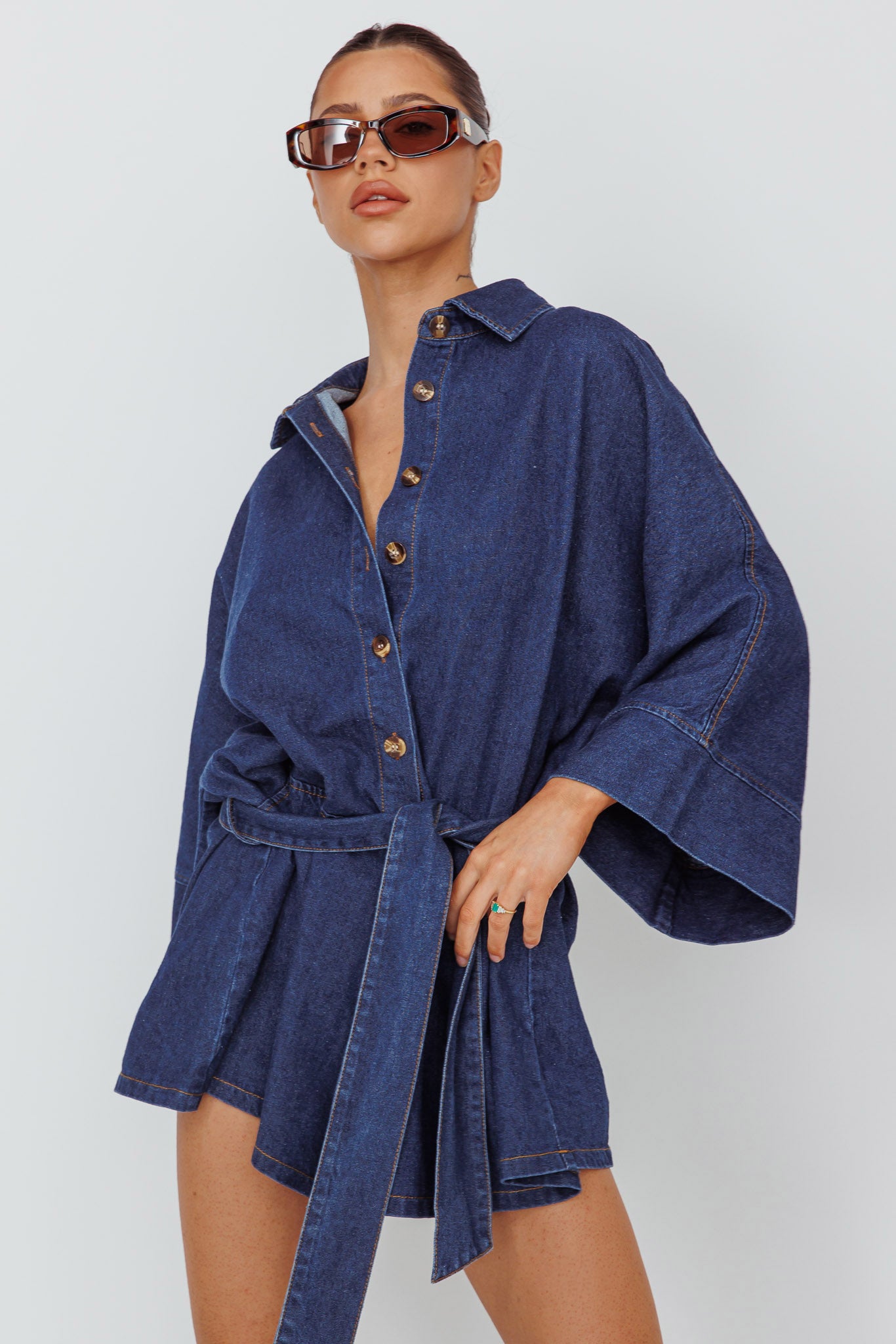 Daytona Beach Long Sleeve Shirt Romper Indigo by Selfie Leslie