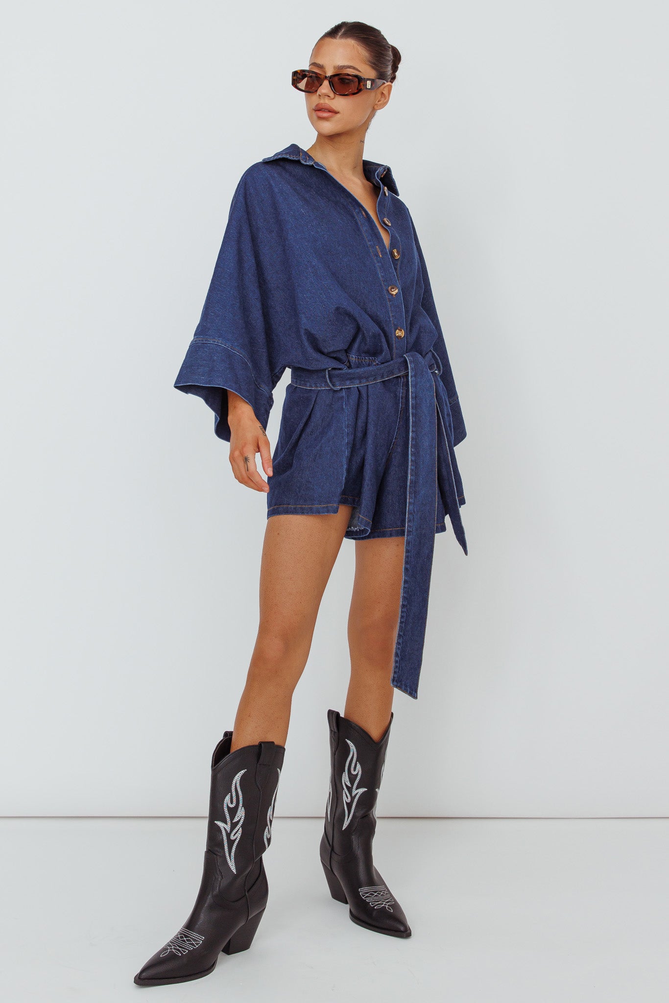 Daytona Beach Long Sleeve Shirt Romper Indigo by Selfie Leslie