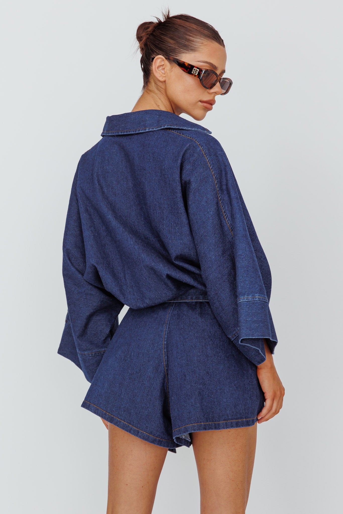 Daytona Beach Long Sleeve Shirt Romper Indigo by Selfie Leslie