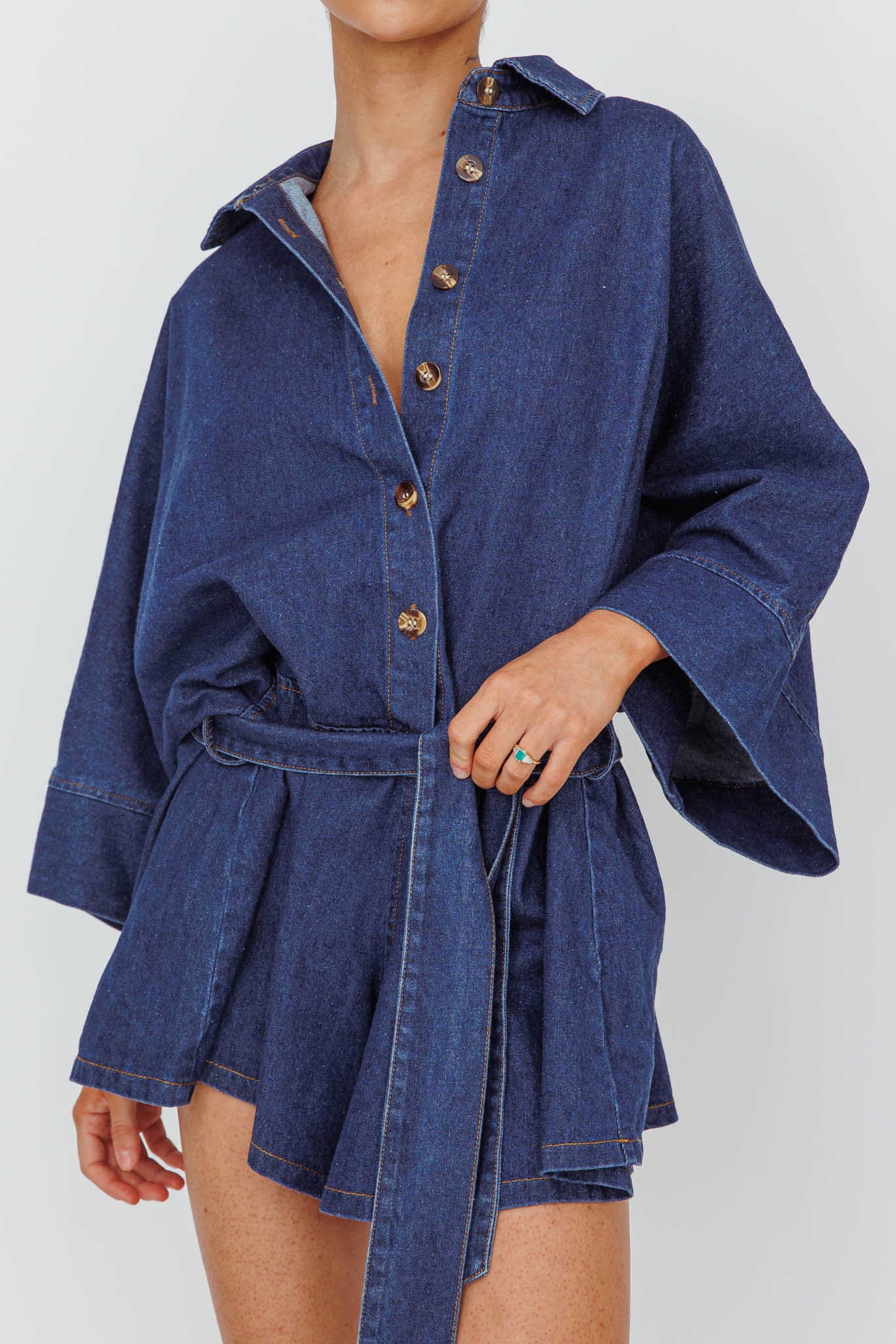 Daytona Beach Long Sleeve Shirt Romper Indigo by Selfie Leslie