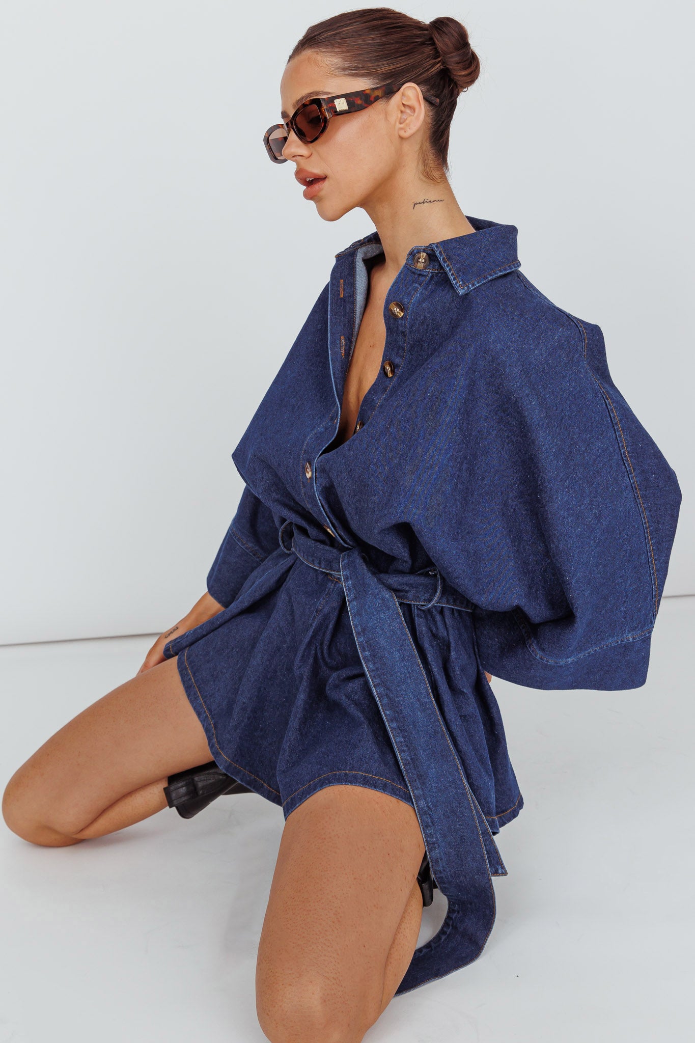 Daytona Beach Long Sleeve Shirt Romper Indigo by Selfie Leslie