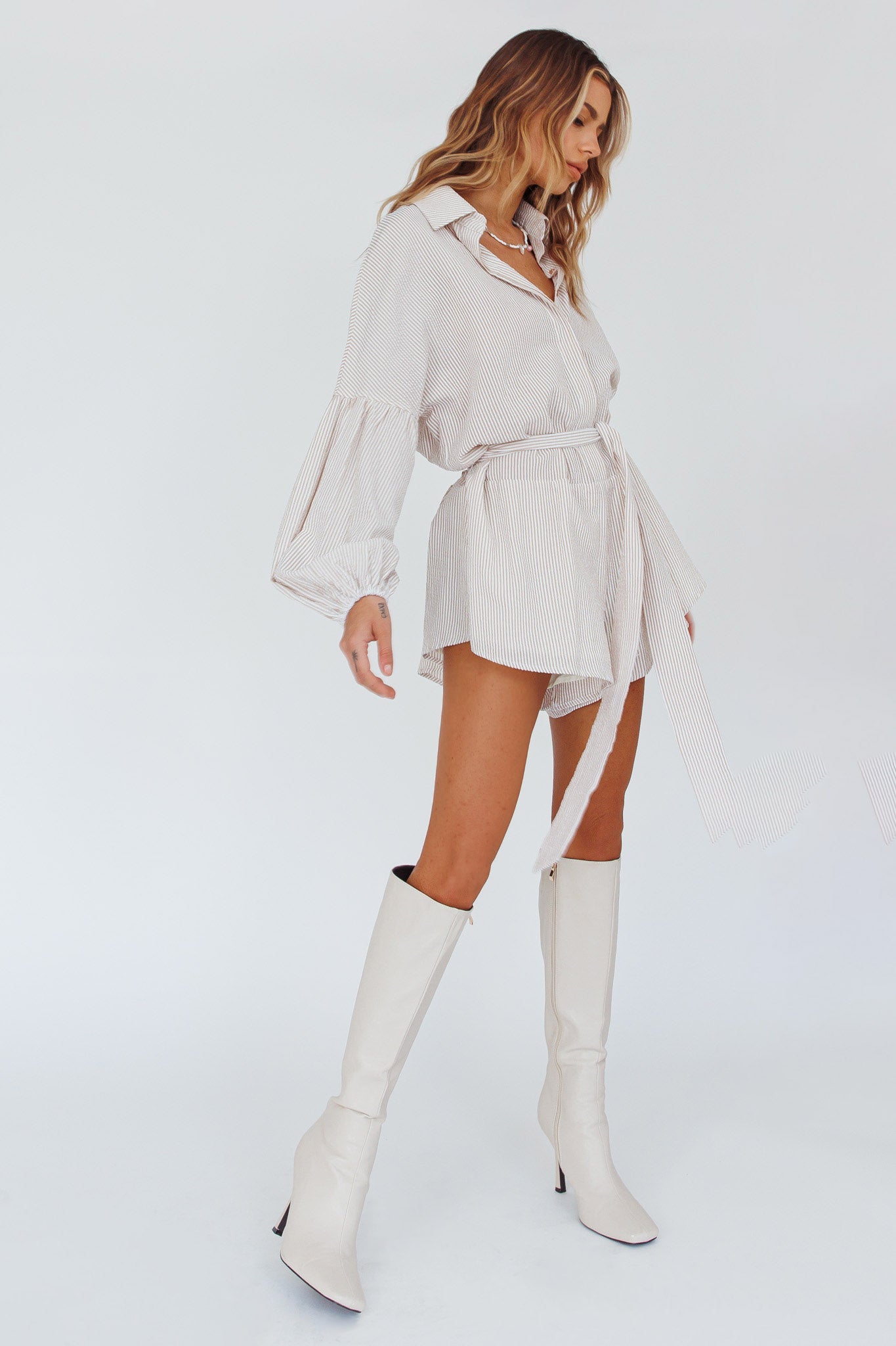 Daytona Beach Long Sleeve Shirt Romper Beige Stripe by Selfie Leslie