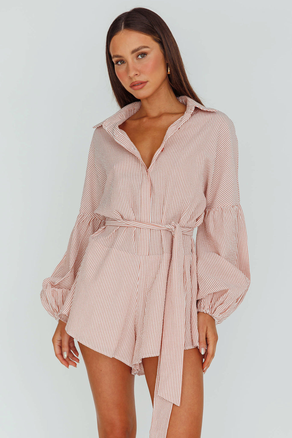 Daytona Beach Long Sleeve Shirt Romper Terracotta Stripe by Selfie Leslie