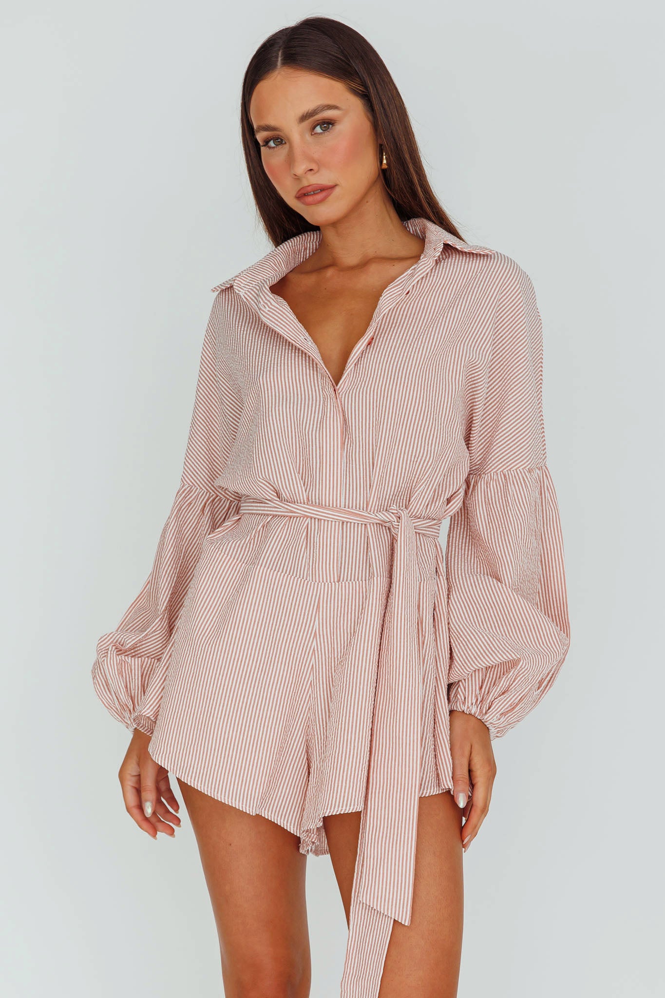 Daytona Beach Long Sleeve Shirt Romper Terracotta Stripe by Selfie Leslie