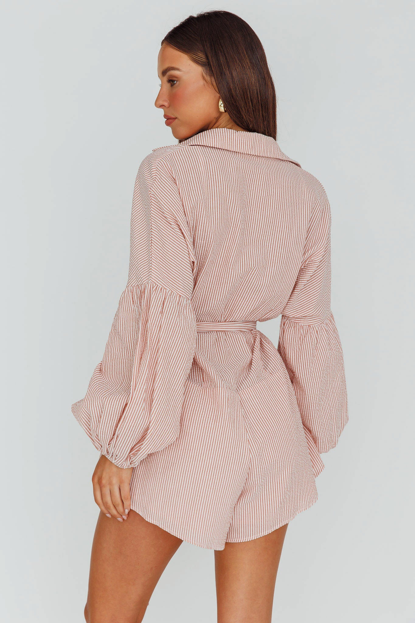 Daytona Beach Long Sleeve Shirt Romper Terracotta Stripe by Selfie Leslie
