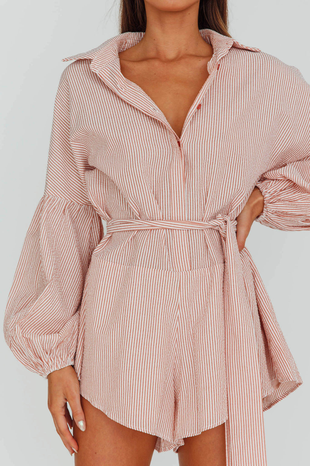 Daytona Beach Long Sleeve Shirt Romper Terracotta Stripe by Selfie Leslie
