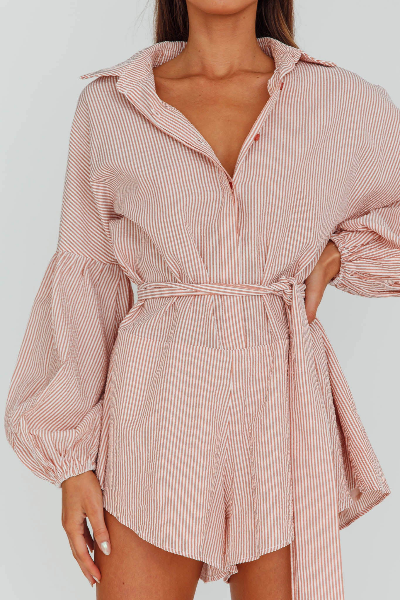 Daytona Beach Long Sleeve Shirt Romper Terracotta Stripe by Selfie Leslie