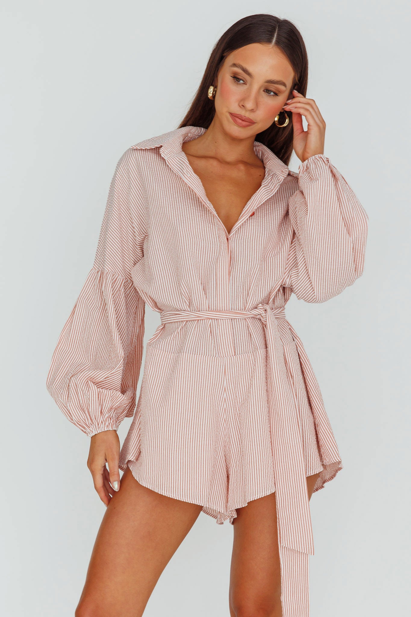 Daytona Beach Long Sleeve Shirt Romper Terracotta Stripe by Selfie Leslie