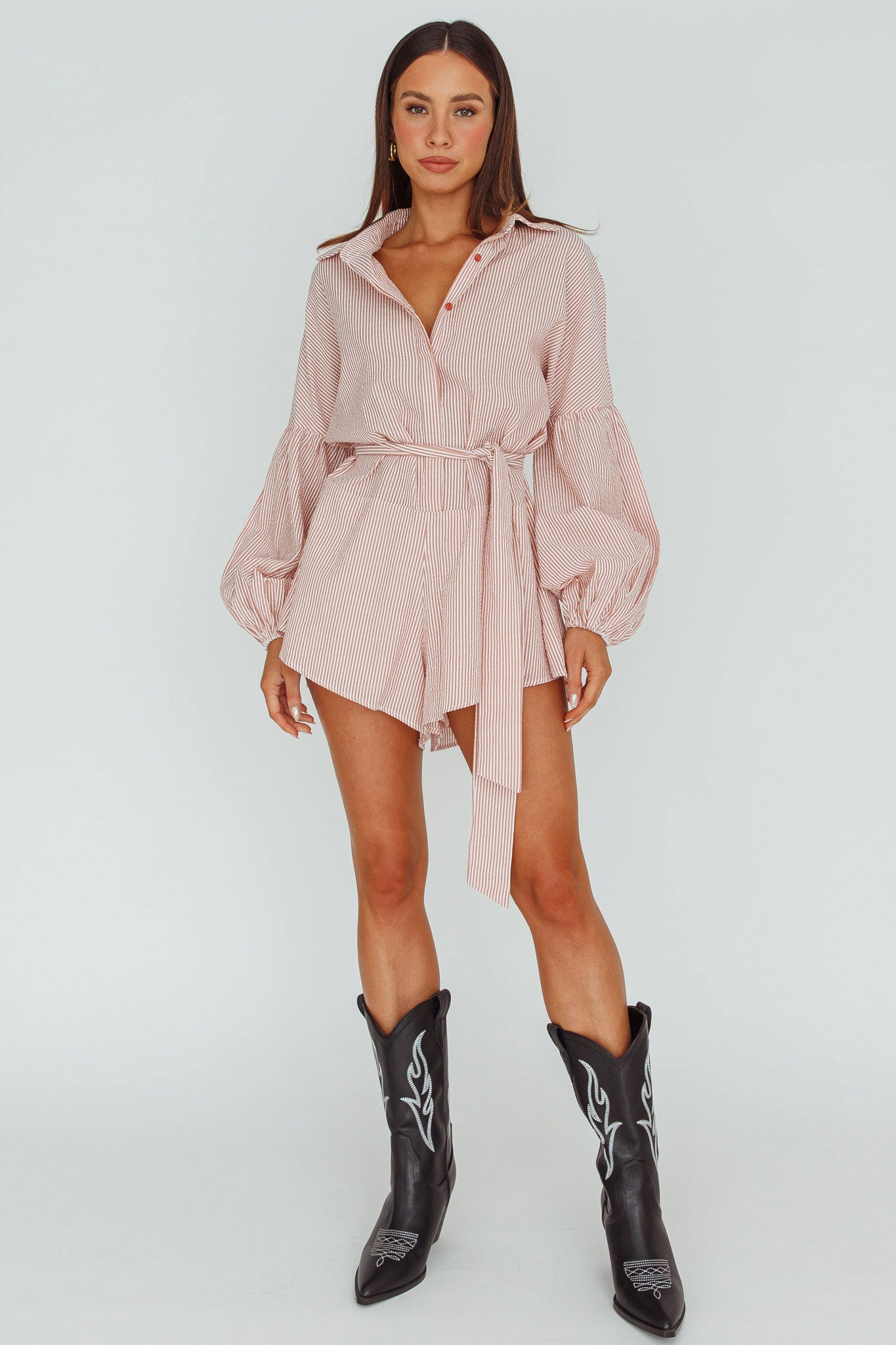 Daytona Beach Long Sleeve Shirt Romper Terracotta Stripe by Selfie Leslie