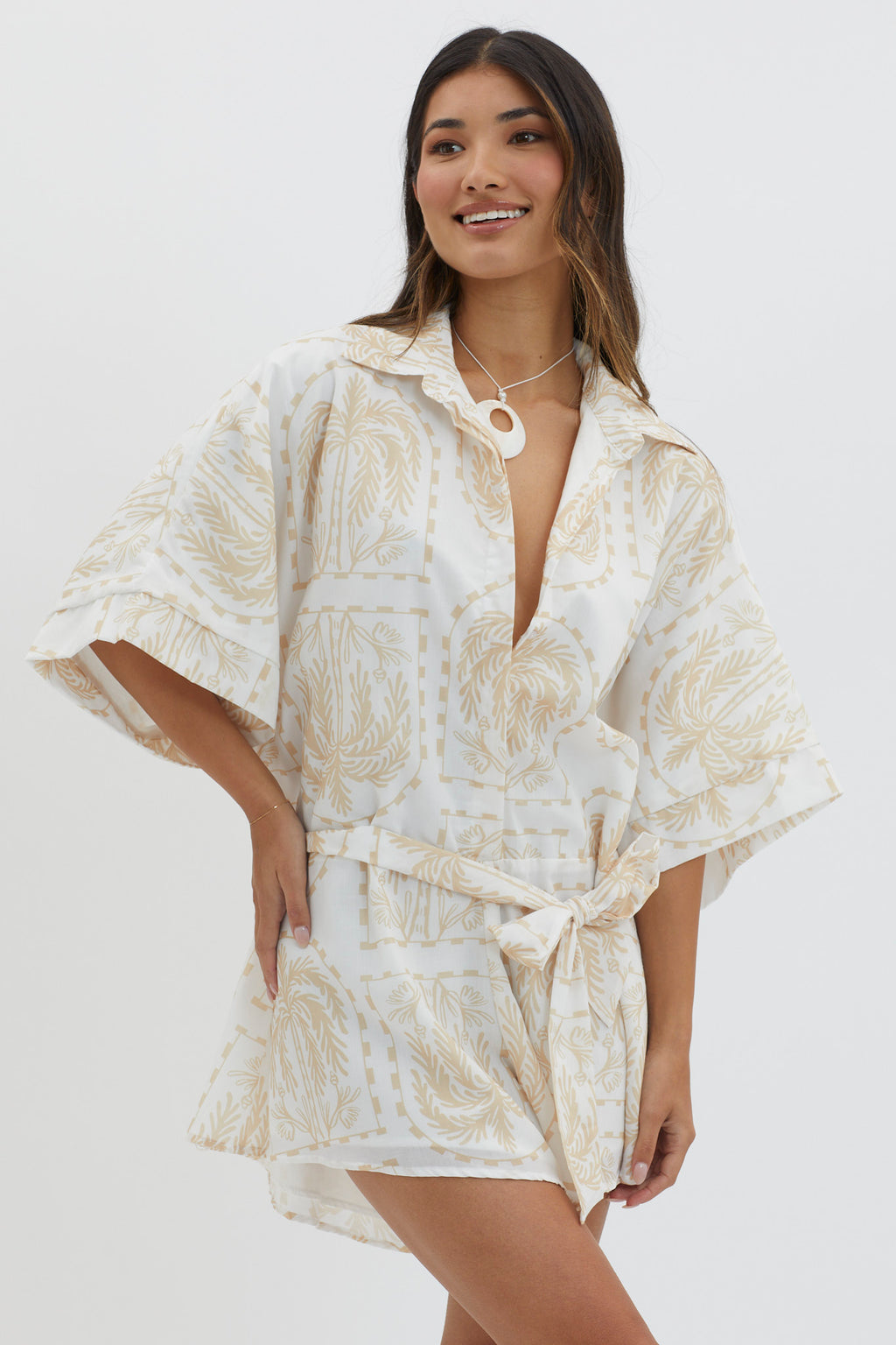 Daytona Beach Button-Up Romper Print Beige by Selfie Leslie