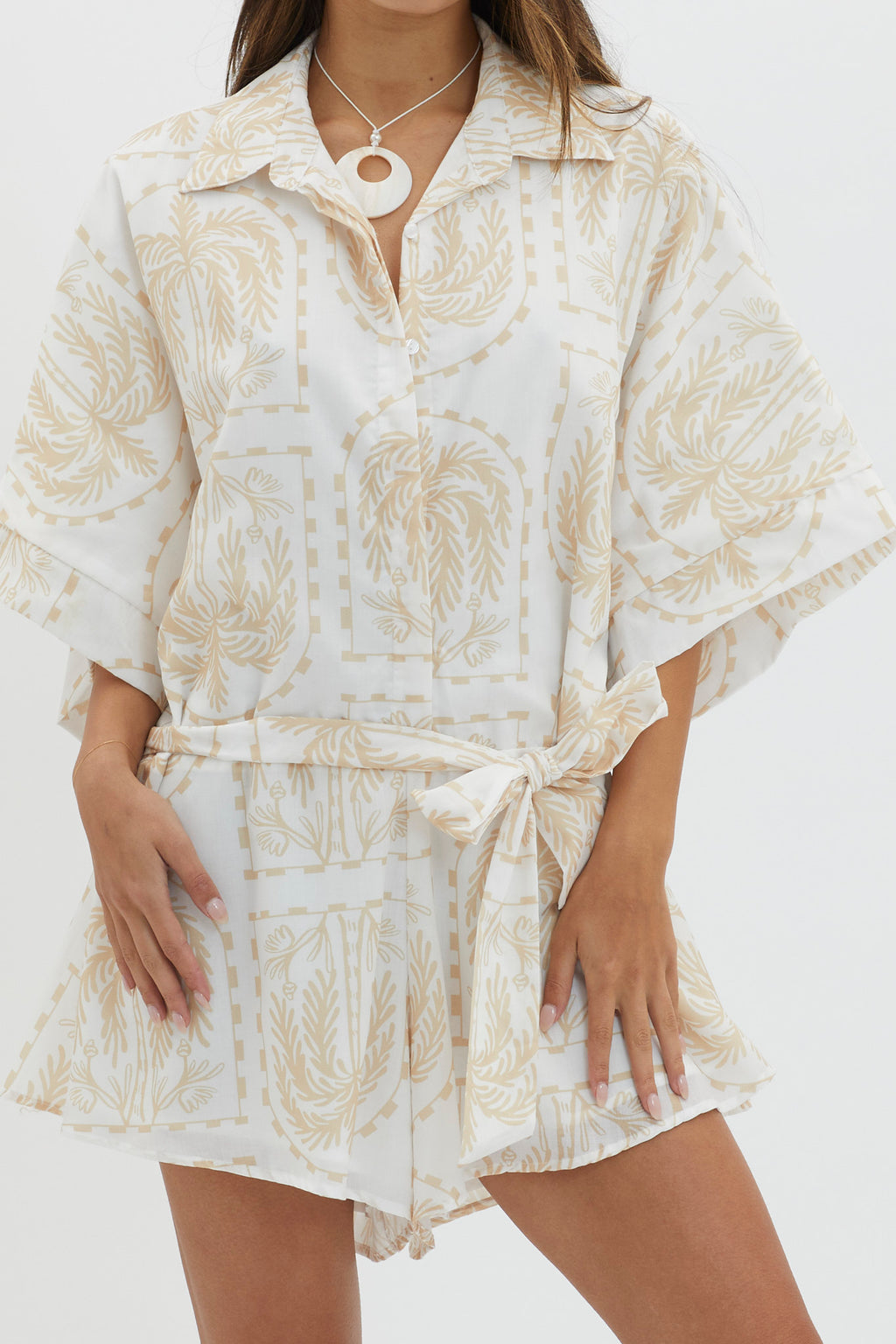 Daytona Beach Button-Up Romper Print Beige by Selfie Leslie