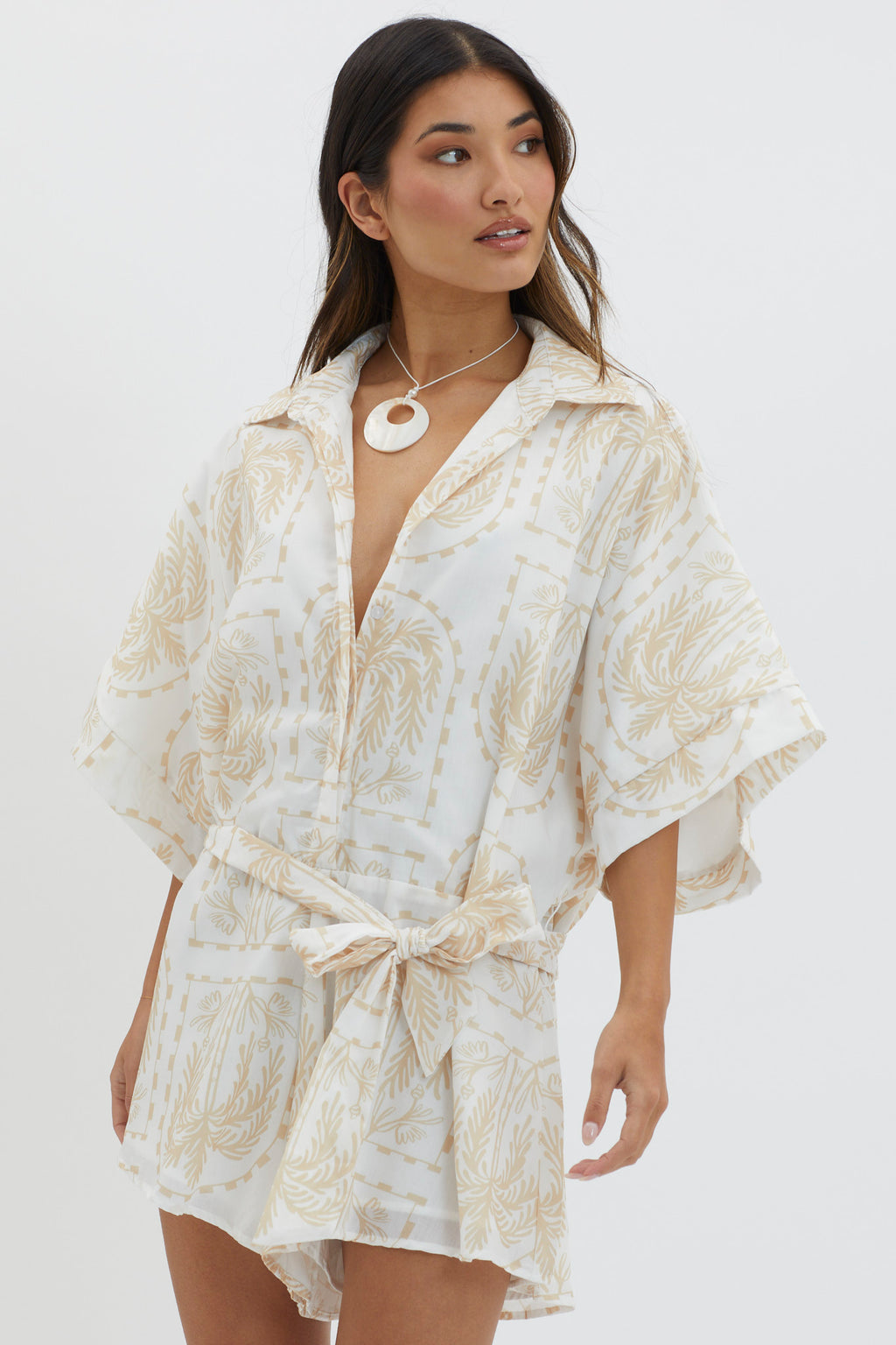 Daytona Beach Button-Up Romper Print Beige by Selfie Leslie