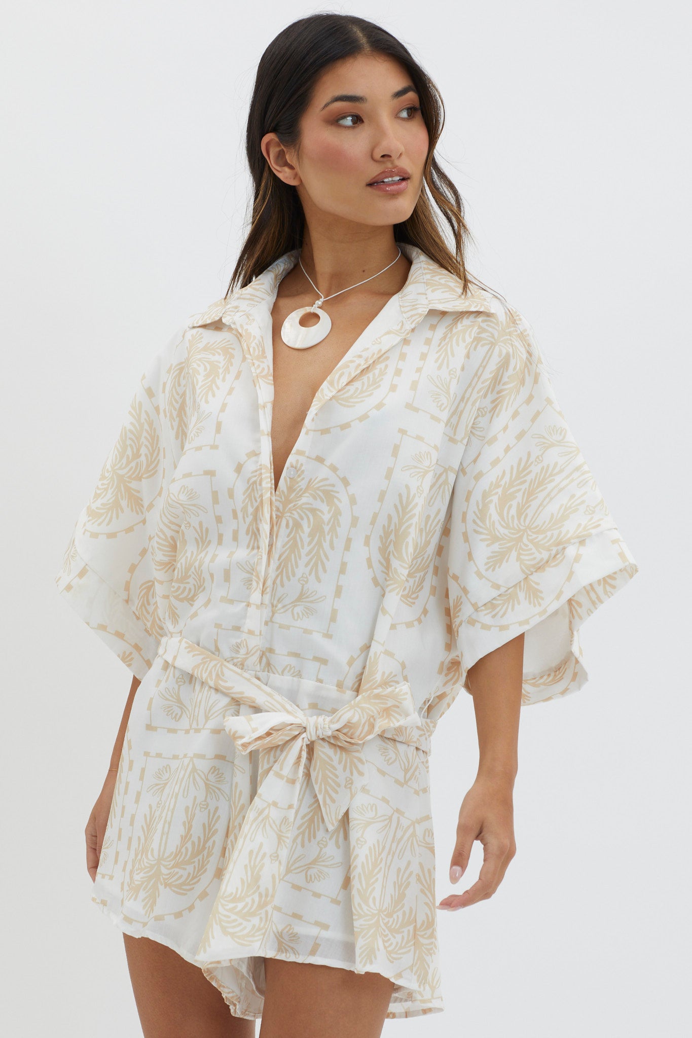 Daytona Beach Button-Up Romper Print Beige by Selfie Leslie
