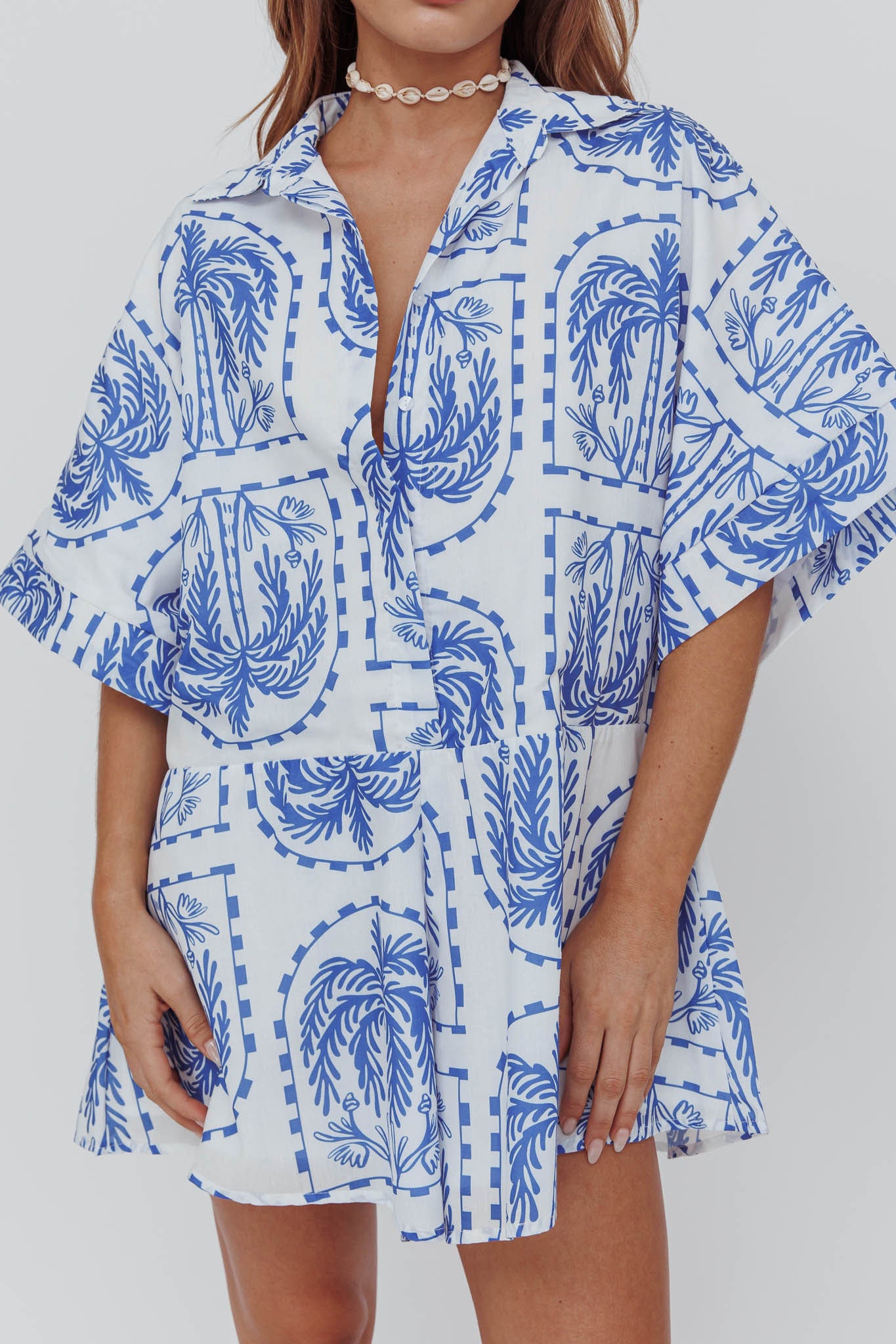 Daytona Beach Button-Up Romper Print Blue by Selfie Leslie