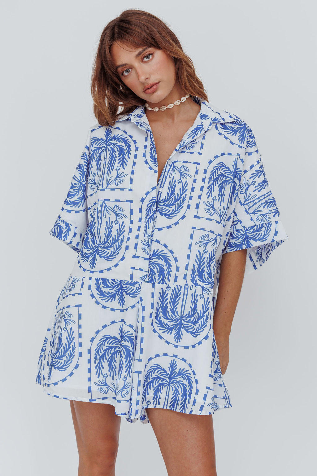 Daytona Beach Button-Up Romper Print Blue by Selfie Leslie