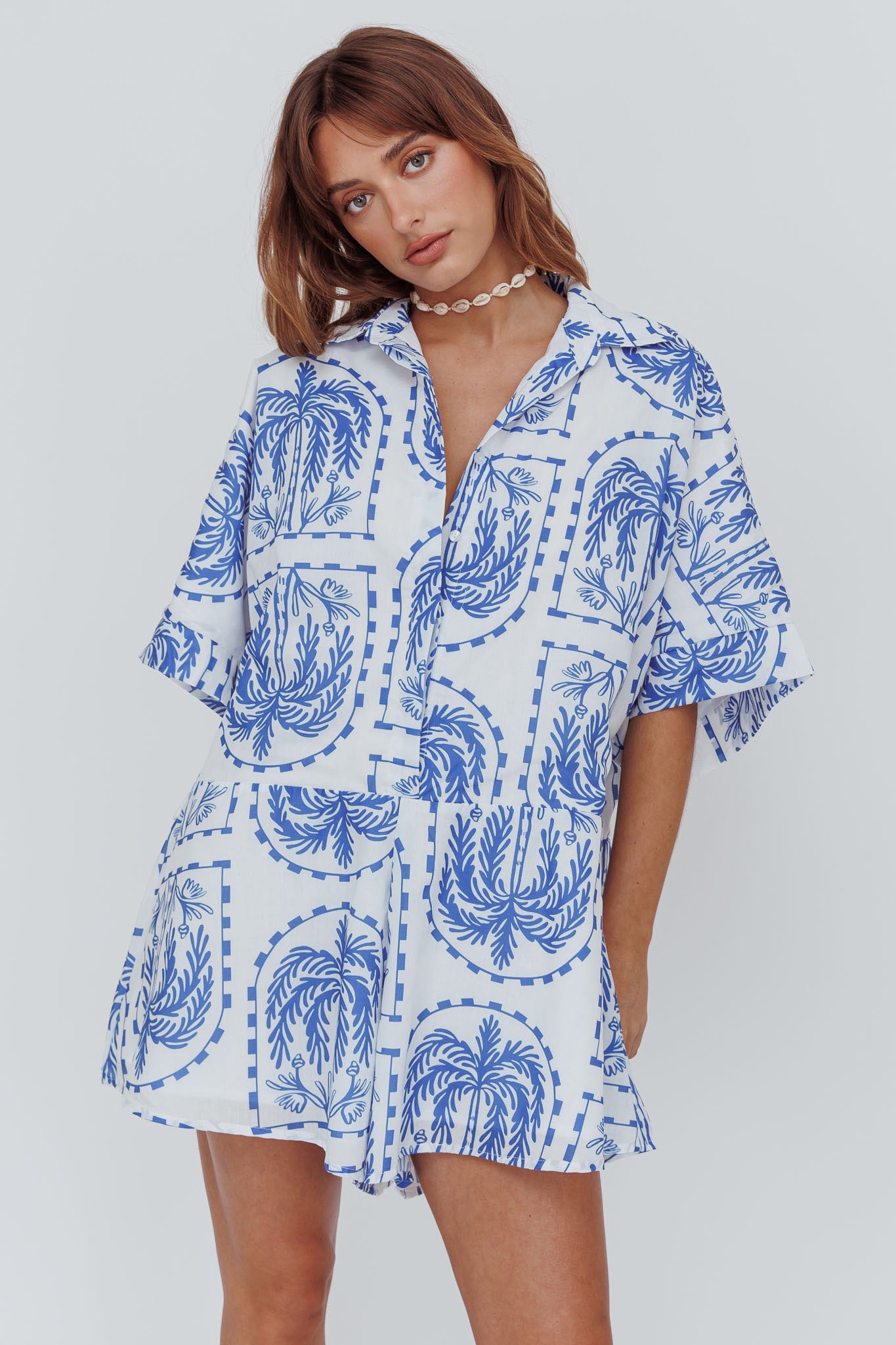 Daytona Beach Button-Up Romper Print Blue by Selfie Leslie